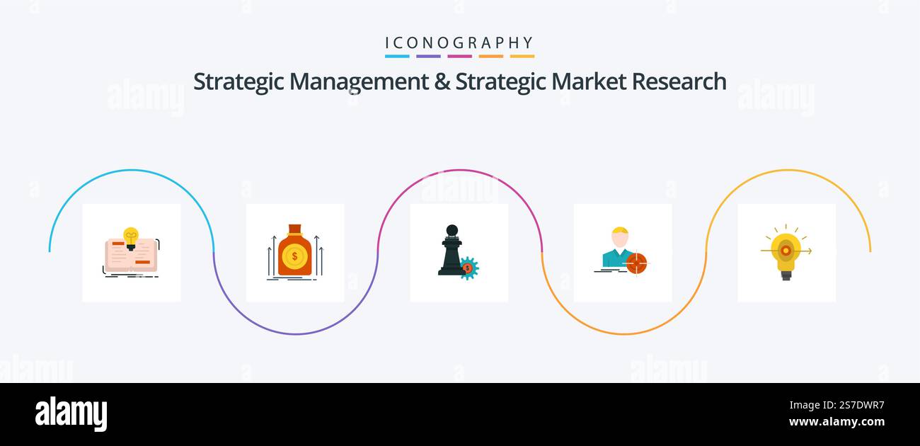 Strategic Management and Strategic Market Research Flat 5 Icon Pack lampadina inclusa. destinazione. prestito. messa a fuoco. operazione riuscita Illustrazione Vettoriale