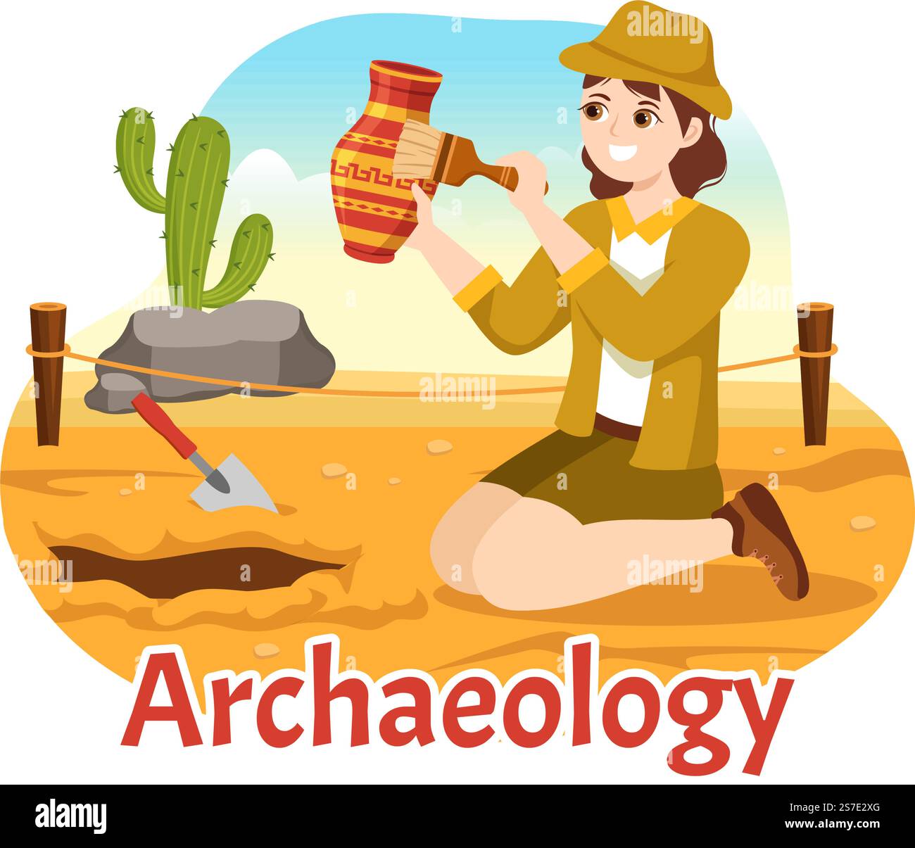 Archeologia Illustrazione con scavi archeologici di antiche rovine, manufatti e fossili di dinosauri in Cartoon piano modelli disegnati a mano Illustrazione Vettoriale
