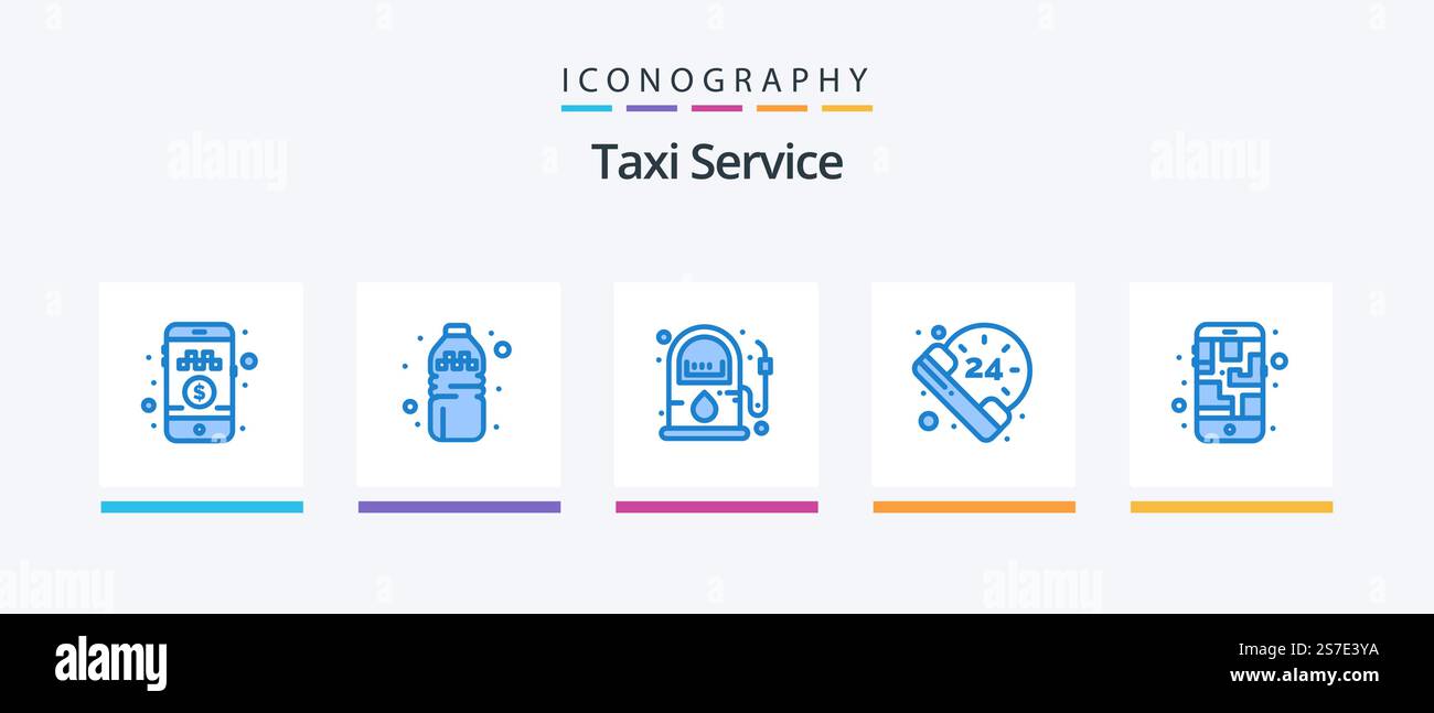Servizio taxi Blue 5 Icon Pack incluso il percorso. cellulare. gas. mappa. chiamata. Icone creative Design Illustrazione Vettoriale