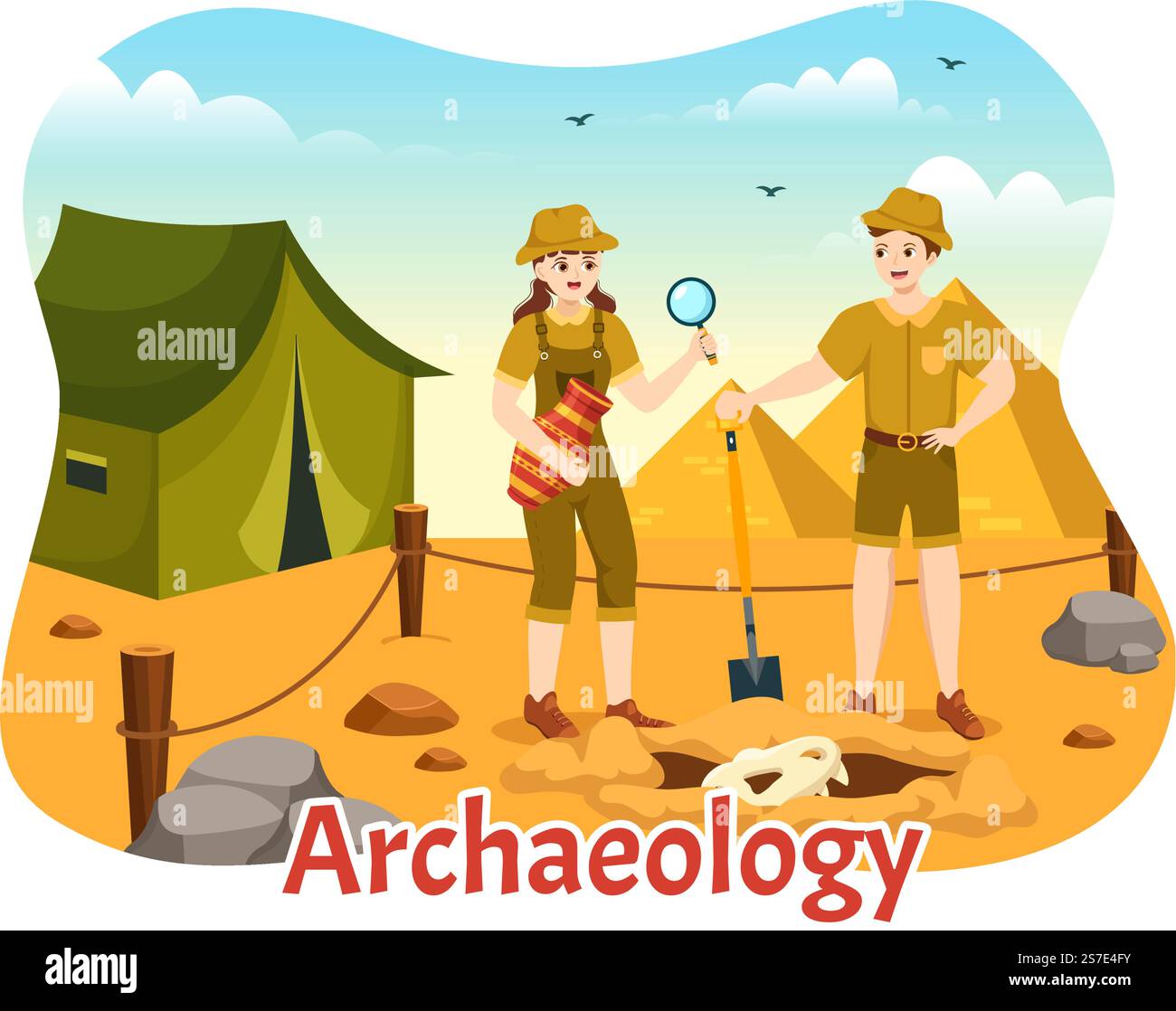 Archeologia Illustrazione con scavi archeologici di antiche rovine, manufatti e fossili di dinosauri in Cartoon piano modelli disegnati a mano Illustrazione Vettoriale