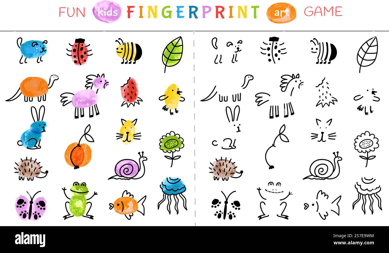Gioco di impronte digitali per bambini. Dipingi il gioco delle impronte digitali del bambino. I bambini imparano a disegnare, attività scolastica all'asilo in gruppo. Concetto del vettore di disegno animale. Illustrazione educativa del disegno di pittura per bambini. Gioco di impronte digitali per bambini. Dipingi il gioco delle impronte digitali del bambino. I bambini imparano a disegnare, attività scolastica all'asilo in gruppo. Concetto di vettore decente disegno animale Illustrazione Vettoriale