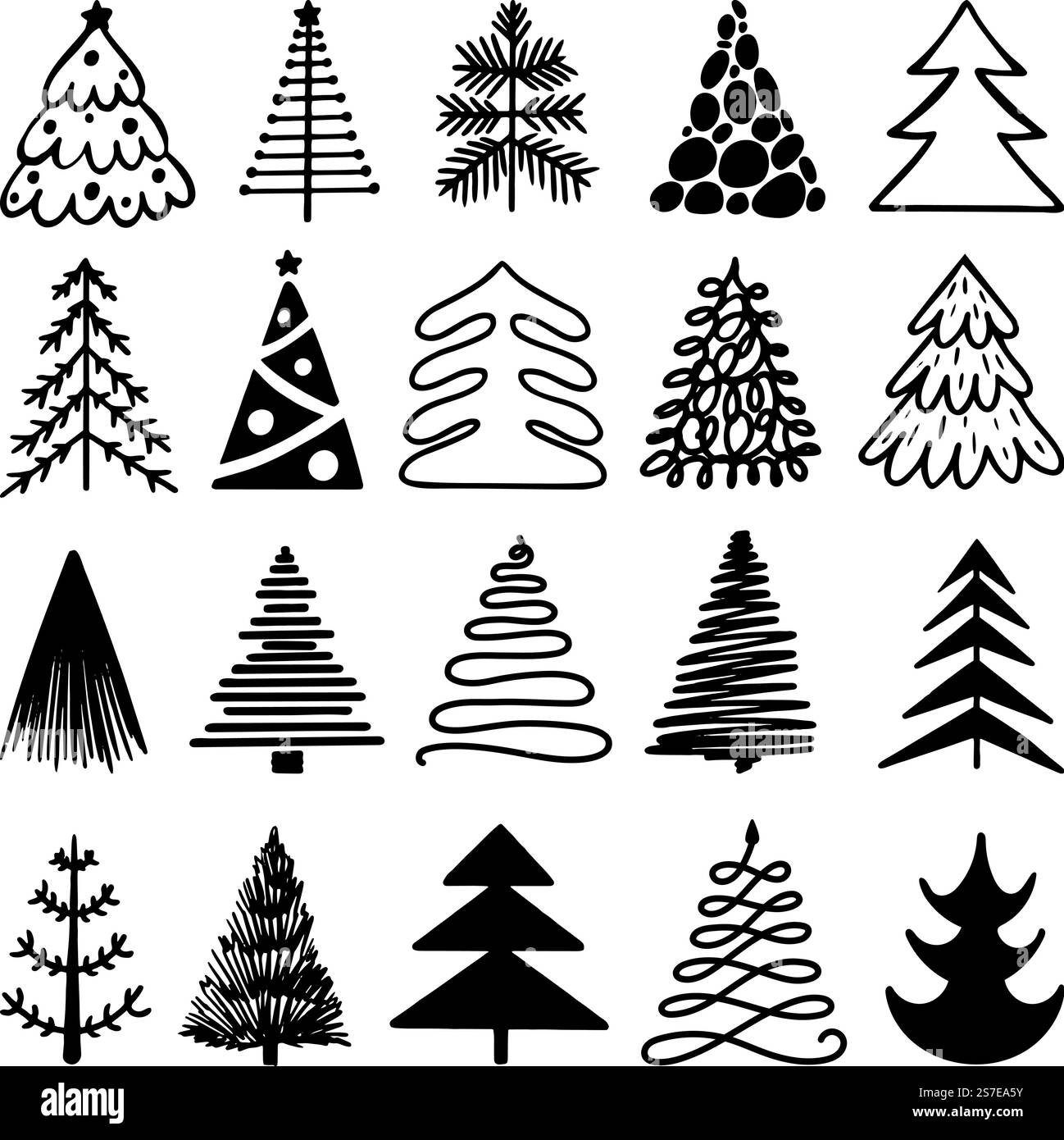 Disegna il set di logo isolato dell'albero di natale. Elementi invernali disegnati a mano per le vacanze a matita. Gli abeti neri disegnano un pennello ruvido. Icone vettoriali neoteriche Joy xmas. Immagine dell'icona dell'albero di natale. Disegna il set di logo isolato dell'albero di natale. Elementi invernali disegnati a mano per le vacanze a matita. Gli abeti neri disegnano un pennello ruvido. Icone vettoriali neoteriche Joy xmas Illustrazione Vettoriale