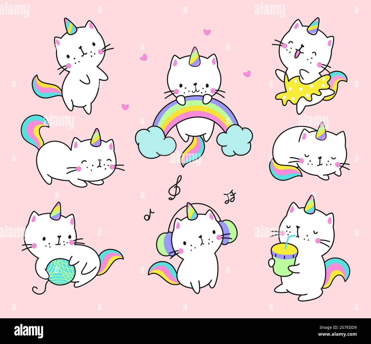 Unicorno gatto. Gatti Kawaii, simpatici unicorni personaggi gattini. Animali pastello carini con arcobaleno e bevande, adesivi vettoriali per cuccioli di gatto sognanti. Illustrazione di un adorabile adesivo animale. Unicorno gatto. Gatti Kawaii, simpatici unicorni personaggi gattini. Animali pastello carini con arcobaleno e bevande, adesivi vettoriali per cuccioli di gatto sognanti Illustrazione Vettoriale