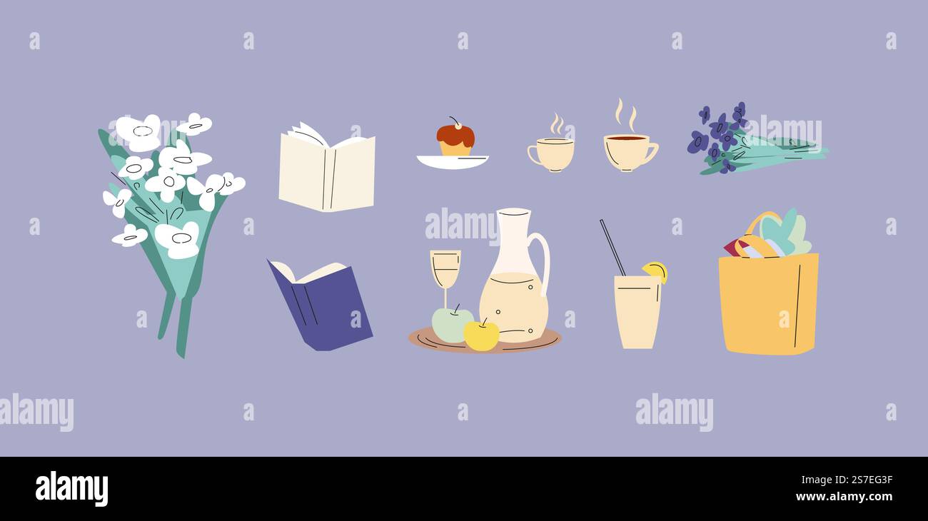 Libri semplici e carini, una tazza di caffè o tè, un bouquet di fiori e una borsa per la spesa al supermercato. Cibo da picnic, mele e cupcake, bicchiere di vino. Elementi vettoriali decorativi dell'illustrazione della tazza per bevande. Libri semplici e carini, una tazza di caffè o tè, un bouquet di fiori e una borsa per la spesa al supermercato. Cibo da picnic, mele e cupcake, bicchiere di vino. Elementi vettoriali decorativi Illustrazione Vettoriale