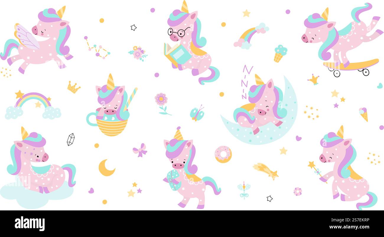 Simpatici personaggi magici dell'unicorno. Adesivi di cartoni animati per unicorni isolati. Volare e dormire su un pony arcobaleno. Kit vettoriale animaletto Nowaday di illustrazione di pony da sogno unicorno. Simpatici personaggi magici dell'unicorno. Adesivi di cartoni animati per unicorni isolati. Volare e dormire su un pony arcobaleno. Kit vettoriale per animali neonati Nowaday Illustrazione Vettoriale