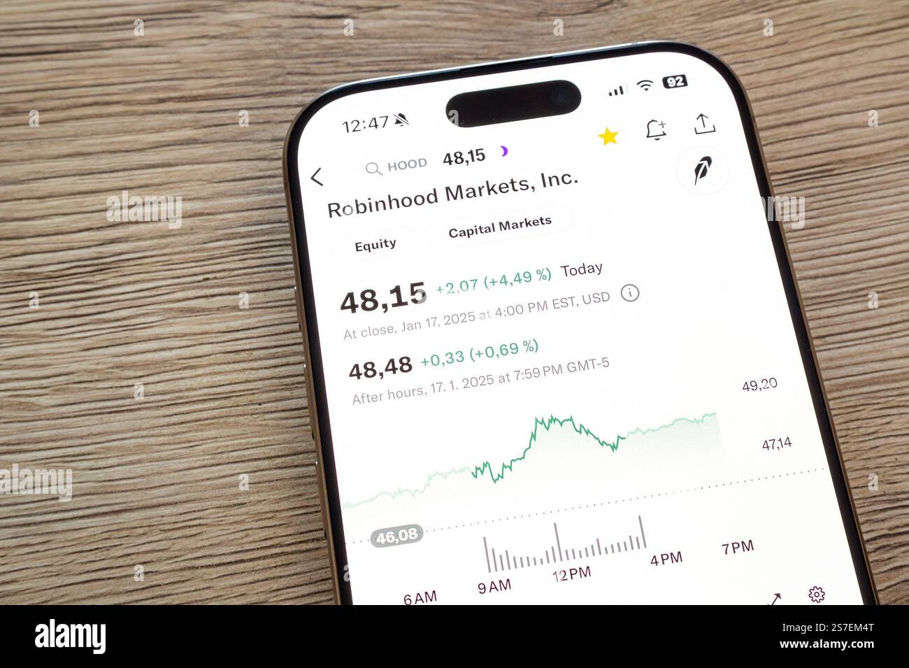 OSTRAVA, CECHIA - 19 GENNAIO 2025: Schermo LCD con grafico dei prezzi delle azioni cripto Robinhood Markets Foto Stock