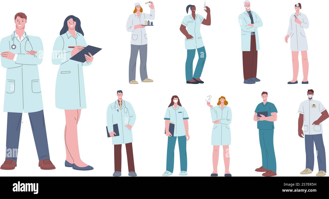 Caratteri medico e infermiere. Lavoratori ospedalieri felici, ritratti di laboratorio infermieri. Professionisti del gruppo di assistenza medica. Assistenza sanitaria e cliniche occupazioni vettoriali scottanti. Illustrazione di un professionista ospedaliero felice. Caratteri medico e infermiere. Lavoratori ospedalieri felici, ritratti di laboratorio infermieri. Professionisti del gruppo di assistenza medica. Assistenza sanitaria e cliniche occupazioni vettoriali scottanti Illustrazione Vettoriale