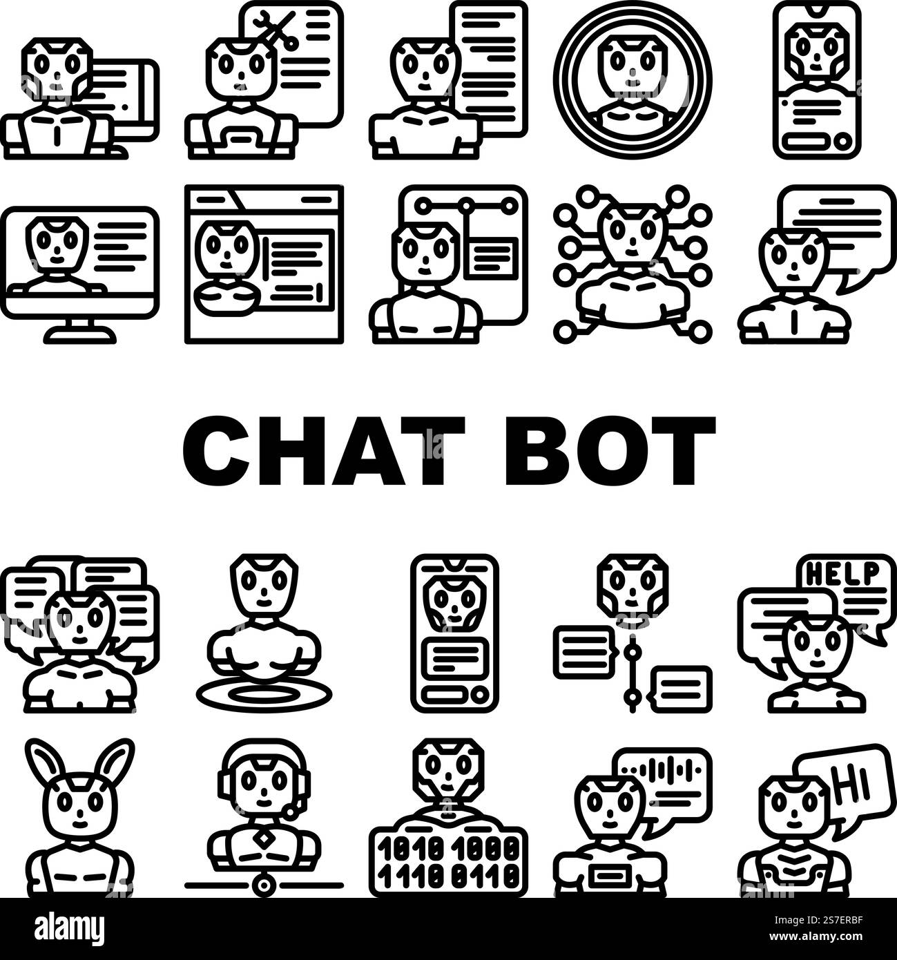le icone del servizio robot di chat impostano il vettore. chatbot ai, mobile digital, supporto online, app tecnologica, help phone, chat con i clienti - illustrazioni del contorno nero del servizio robot bot. le icone del servizio robot di chat impostano il vettore Illustrazione Vettoriale