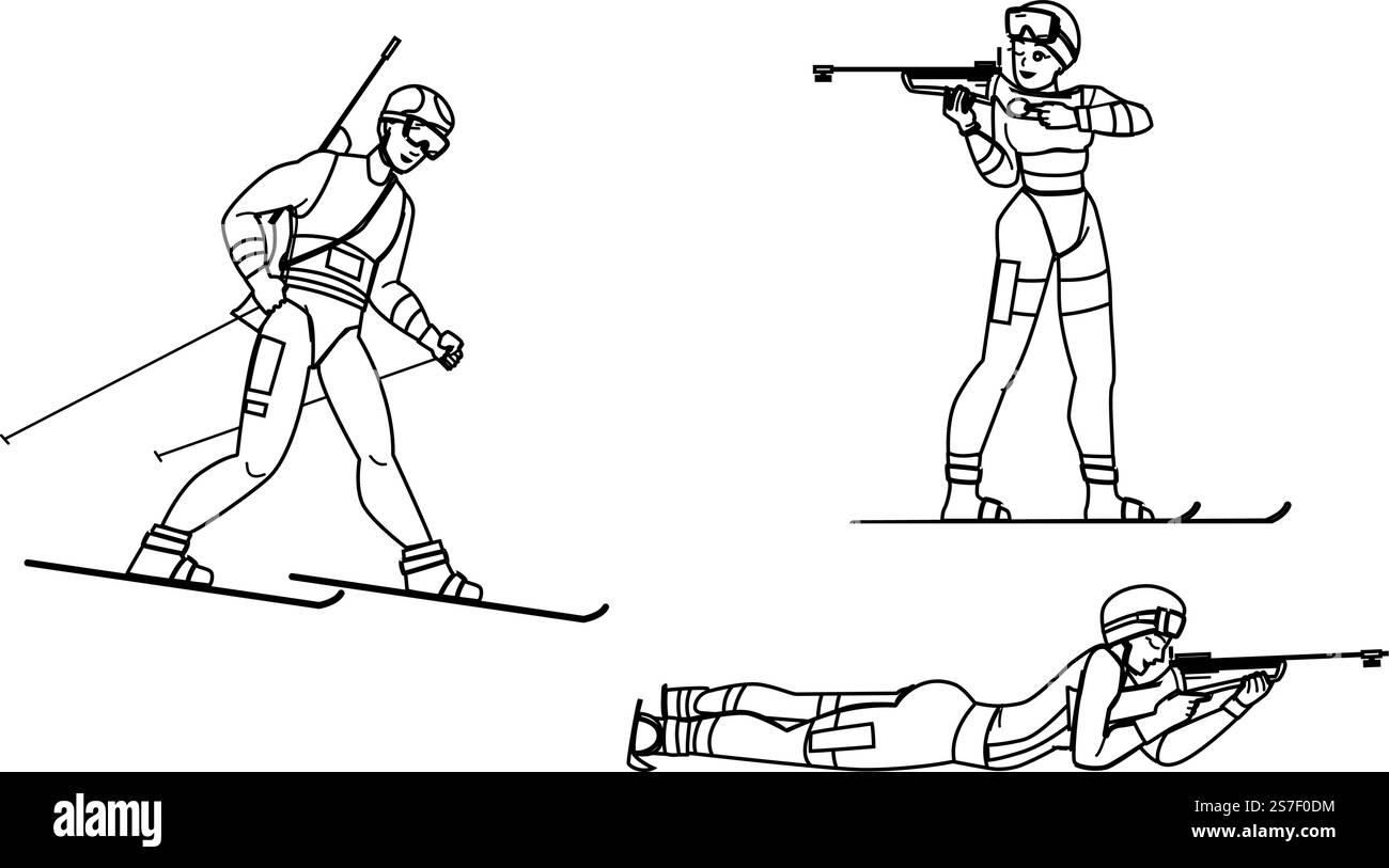 vettore sportivo biathlon. sci invernale, velocità dello sciatore, competizione atletica, azione sulla neve, carattere sportivo biathlon. Illustrazione delle persone. vettore sportivo biathlon Illustrazione Vettoriale