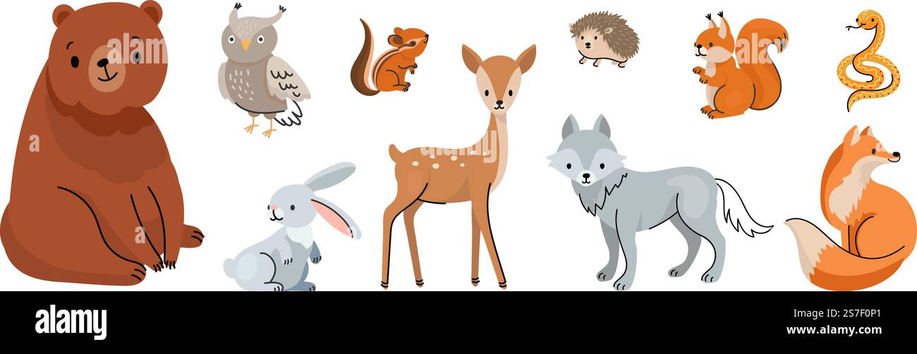 Animali della foresta di Doodle, cervi civici e orso carino. Cartoni animati in stile scandinavo. Bambini scoiattolo e boscoso, personaggi vettoriali, set di orsi e gufo, illustrazione di personaggi grafici. Animali della foresta di Doodle, cervi civici e orso carino. Cartoni animati in stile scandinavo. I bambini di scoiattolo e bosco sono ambientati in un set vettoriale di personaggi Illustrazione Vettoriale