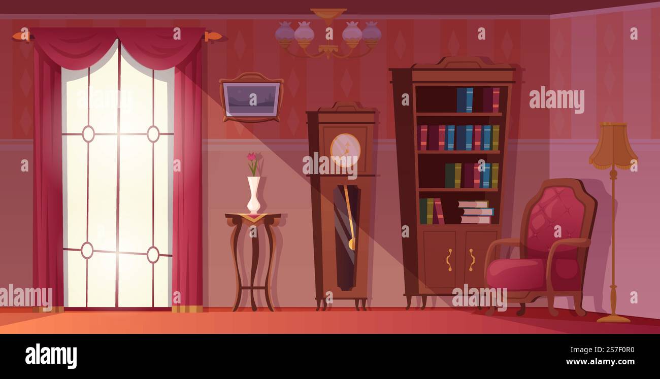 Interni vintage. Sfondo interno con mobili di vecchio stile nel soggiorno o nella biblioteca con ripiani e poltrone modello vettoriale esatto dell'illustrazione di vecchi mobili interni. Interni vintage. Sfondo interno con mobili in vecchio stile nel soggiorno o nella biblioteca con ripiani e poltrone modello vettoriale esatto Illustrazione Vettoriale
