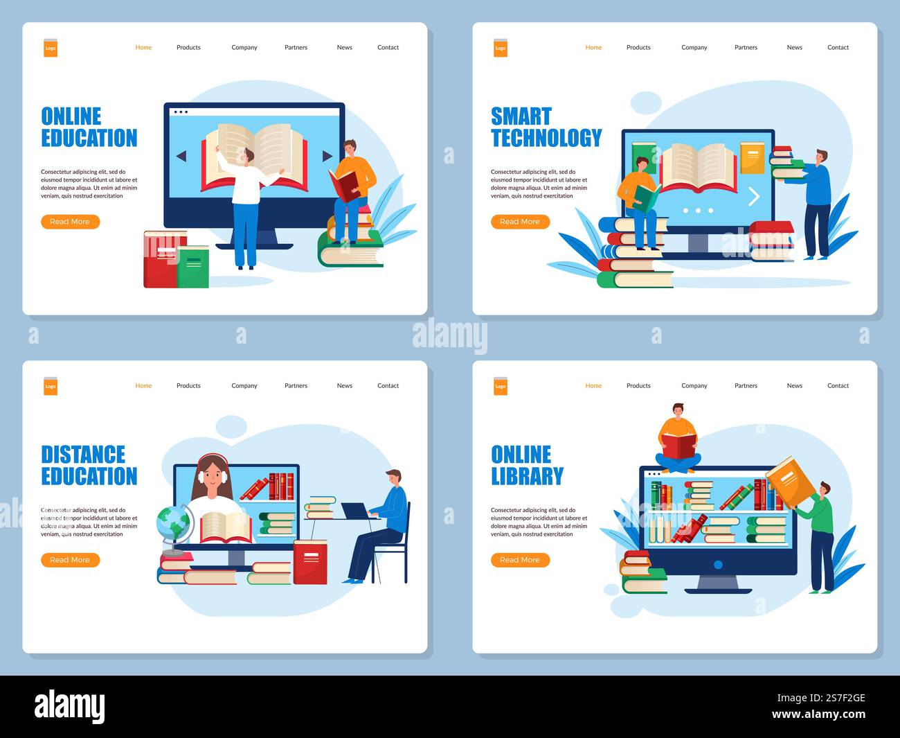 Atterraggio della biblioteca online. Corsi di formazione e studenti di formazione a distanza che leggono libri e imparano stravaganti modelli di pagine Web vettoriali con spazio per il testo. Illustrazione della formazione e dell'istruzione. Atterraggio della biblioteca online. Corsi di formazione e studenti di formazione a distanza che leggono libri e imparano stravaganti modelli di pagine Web vettoriali con spazio per il testo Illustrazione Vettoriale
