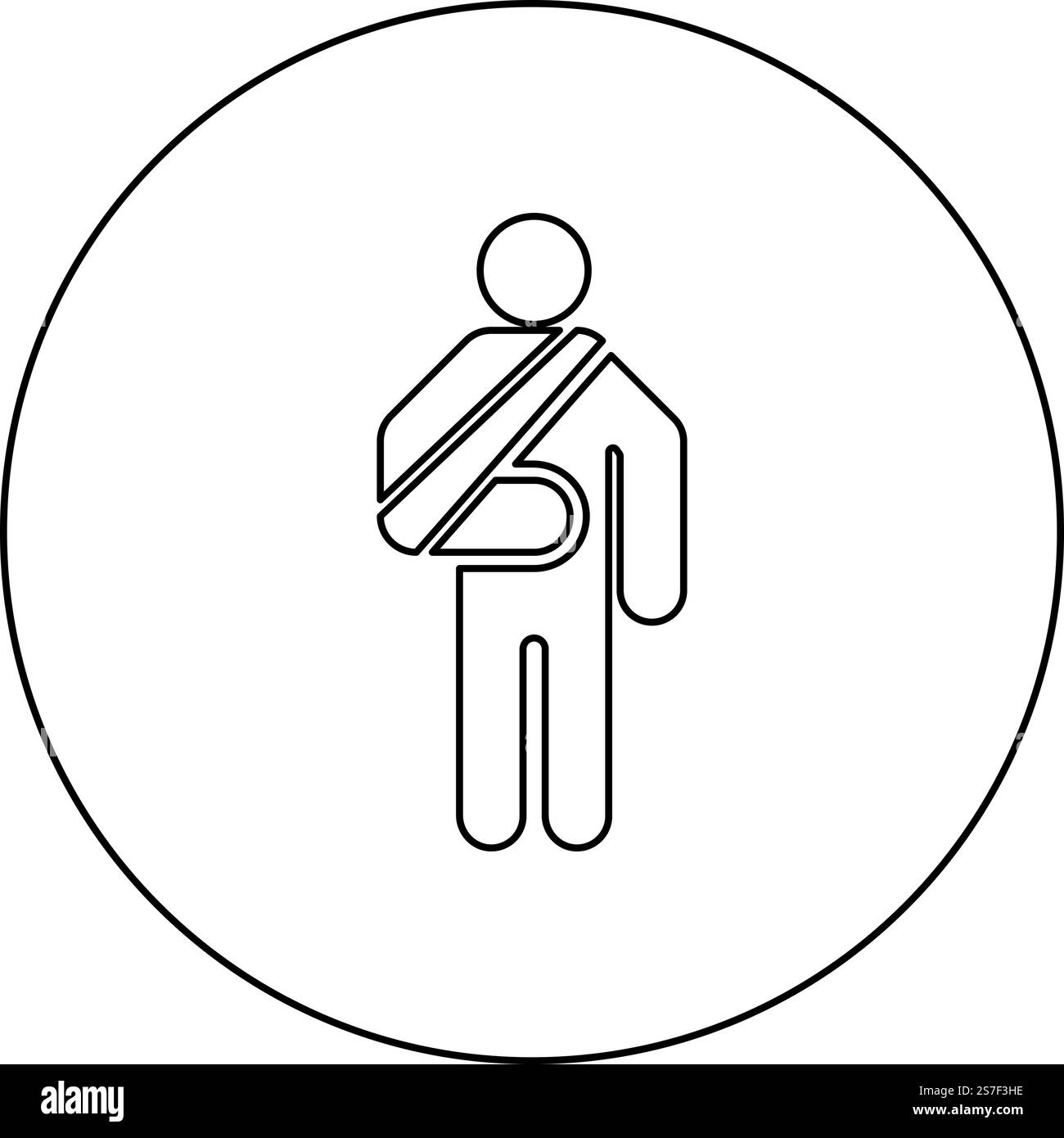 Uomo con braccio rotto mano gesso bastone ferito con bastoncini trauma persona concetto bendaggio elastico su immobilizzazione umana imbracatura di supporto osso getto trauma icona in cerchio rotondo colore nero illustrazione vettoriale immagine contorno linea sottile stile semplice. Uomo con braccio rotto mano gesso bastone ferito con bastoncini trauma persona concetto bendaggio elastico su imbracatura di supporto osso di supporto fionda di frattura cast icona trauma in cerchio rotondo colore nero illustrazione vettoriale immagine contorno linea sottile stile Illustrazione Vettoriale