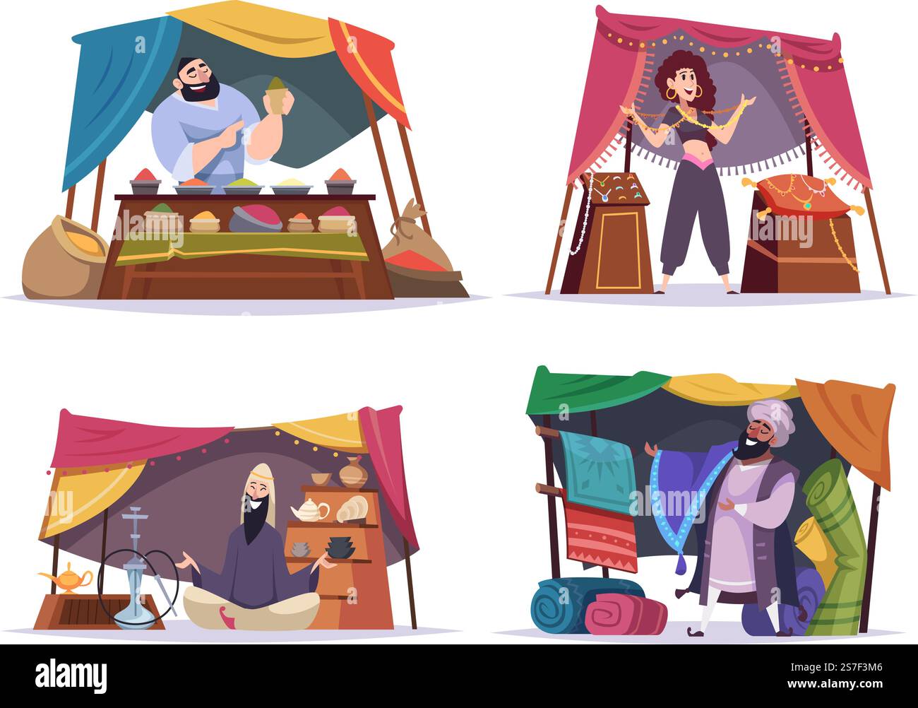 Mercato asiatico. Gente dell'est che vende tesori di tappeti accessori fatti a mano personaggi vettoriali esatti dei cartoni animati. Illustrazione del mercato souvenir tradizionale, mercato turco e arabo. Mercato asiatico. Gente dell'est che vende tesori di tappeti accessori fatti a mano personaggi vettoriali esatti dei cartoni animati Illustrazione Vettoriale