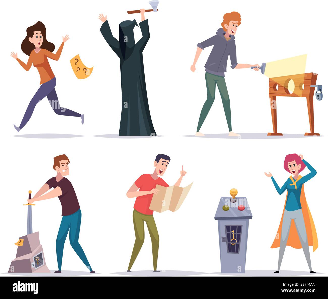 Giochi di ricerca. Varie situazioni e personaggi giocatori in quest room modelli di cartoni animati vettoriali esatti. Illustrazione del personaggio della missione di gioco. Giochi di ricerca. Varie situazioni e personaggi giocatori in quest room modelli di cartoni animati vettoriali esatti Illustrazione Vettoriale