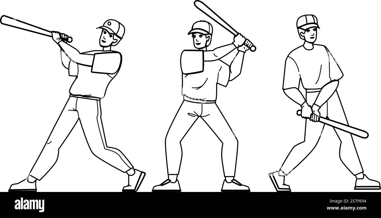 vettore sportivo del baseball. campo orizzontale, attrezzatura da gioco, stadio della squadra, atleta di pipistrello, personaggio sportivo di baseball. Illustrazione delle persone. vettore sportivo del baseball Illustrazione Vettoriale
