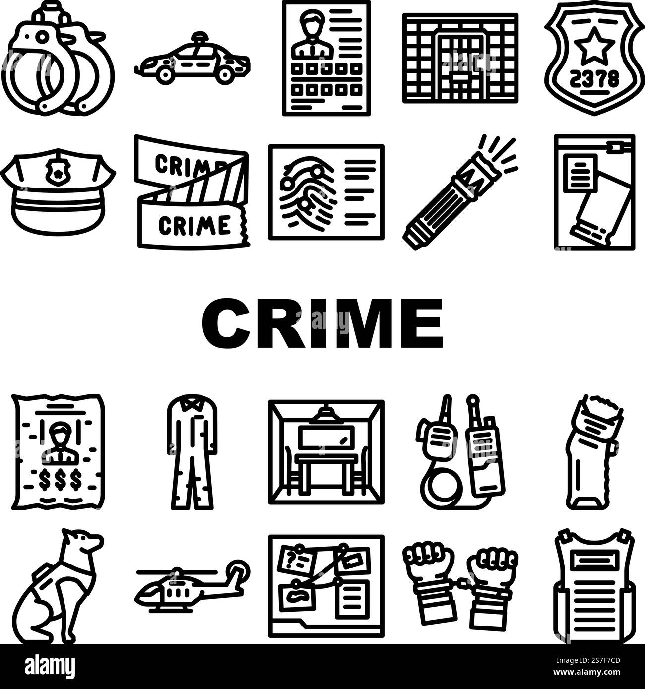 le icone criminali della polizia sulla scena del crimine impostano il vettore. omicidio di prove, nastro investigativo, informazioni sulla legge, violenza del consiglio, dati oscuri illustrazioni del profilo nero della polizia della scena del crimine cibernetico. le icone criminali della polizia sulla scena del crimine impostano il vettore Illustrazione Vettoriale