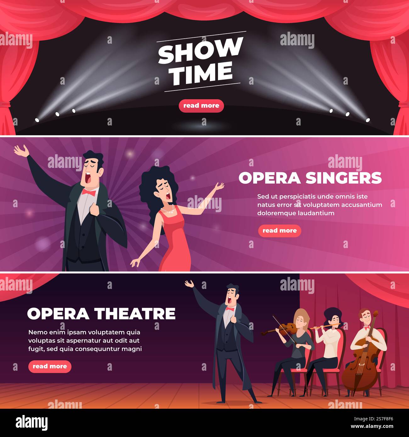 Banner teatrali. Cantanti d'opera all'aperto artisti di lusso musica persone classiche striscioni vettoriali esatti con posto per il testo. Illustrazione della prima rappresentazione di uno spettacolo d'opera, teatro dello spettacolo. Banner teatrali. Cantanti d'opera all'aperto artisti di lusso musica persone classiche striscioni vettoriali esatti con posto per il testo Illustrazione Vettoriale