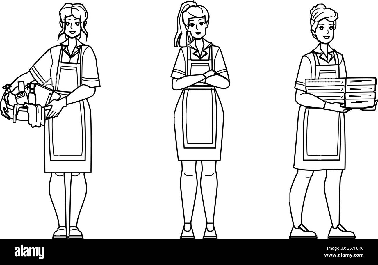 vettore donna delle pulizie. manutenzione pulita, casa più pulita, lavoratore in camera, persona al chiuso, domestica, carattere donna igienico-sanitaria. Illustrazione delle persone. vettore donna delle pulizie Illustrazione Vettoriale