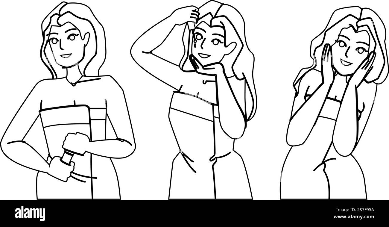 vettore sierico donna. pelle viso, bellezza, cosmetologia femminile, olio, bello, cosmetica giovane, carattere femminile del siero facciale per la cura della pelle. Illustrazione delle persone. vettore sierico donna Illustrazione Vettoriale