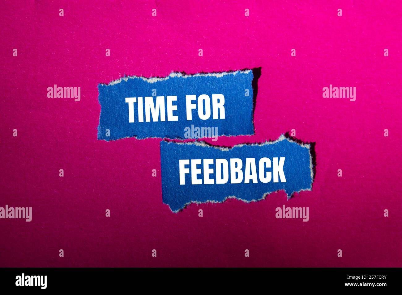 Tempo per il messaggio di feedback scritto su frammenti di carta blu strappati con sfondo rosa. Simbolo tempo concettuale per il feedback. Copia spazio. Foto Stock