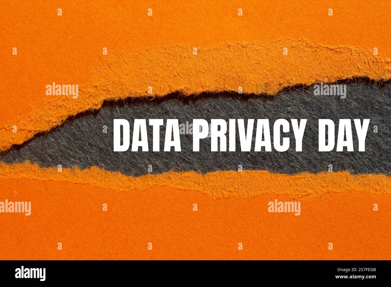 Messaggio del giorno della privacy dei dati scritto su carta strappata arancione con sfondo grigio. Simbolo del giorno della privacy dei dati concettuali. Copia spazio. Foto Stock