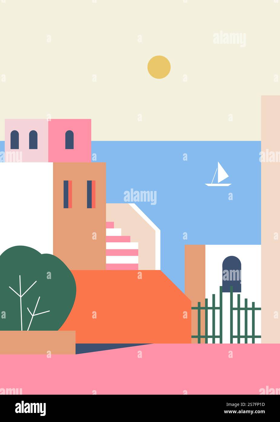 Città in Grecia, paesaggio con mare e barca a vela. Vista sulla strada con architettura tradizionale, facciate ed esterni degli edifici. Case con finestre e archi, scale. Vettore in stile piatto. Il paesaggio della città greca con mare e barca a vela Illustrazione Vettoriale