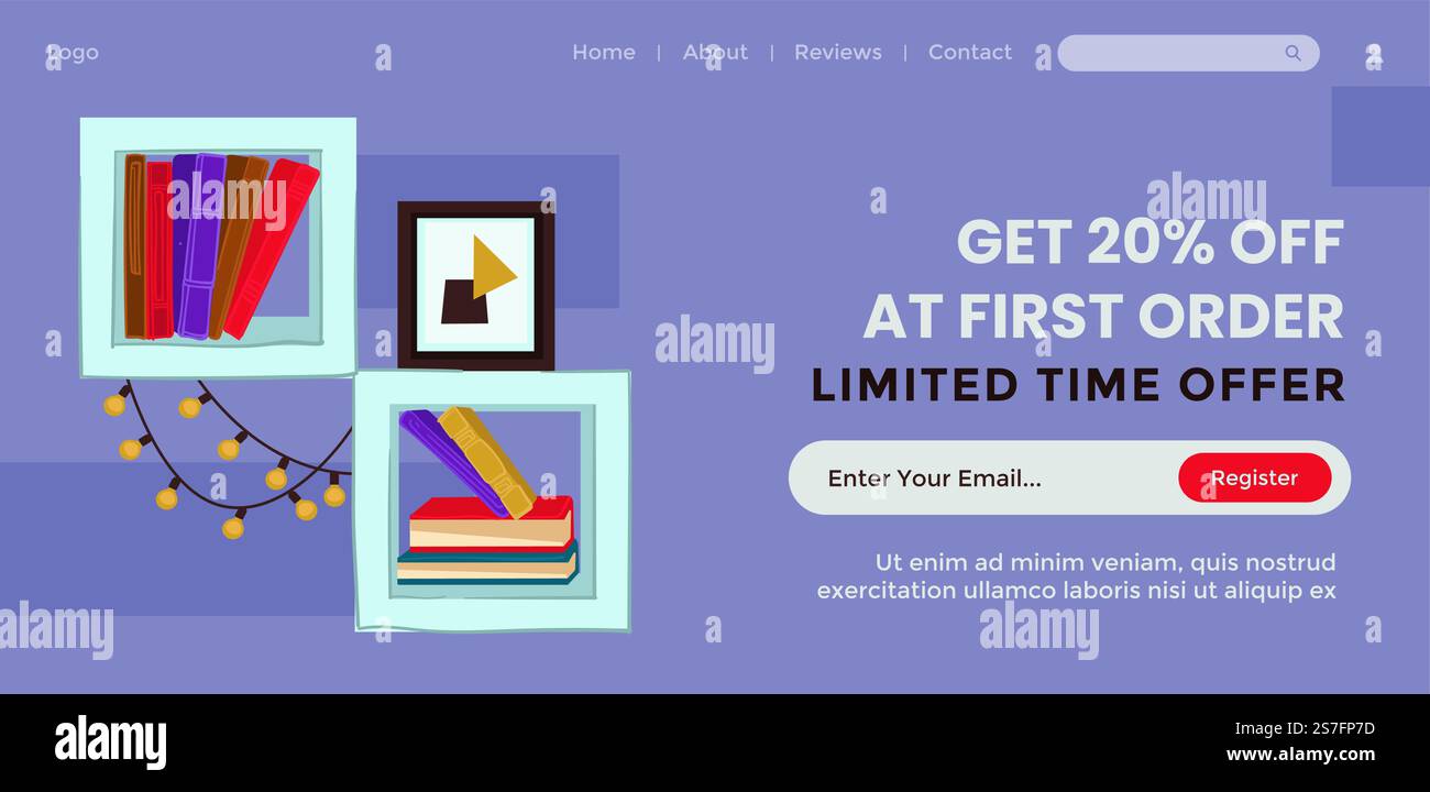 Sconti e saldi in libreria, 20% al primo ordine. Tempo limitato per clienti e acquirenti, pubblicazioni e manuali a stock. Pagina di destinazione del sito Web, sito online. Vettore in stile piatto. Ottieni uno sconto del 20% al primo ordine per un periodo limitato Illustrazione Vettoriale