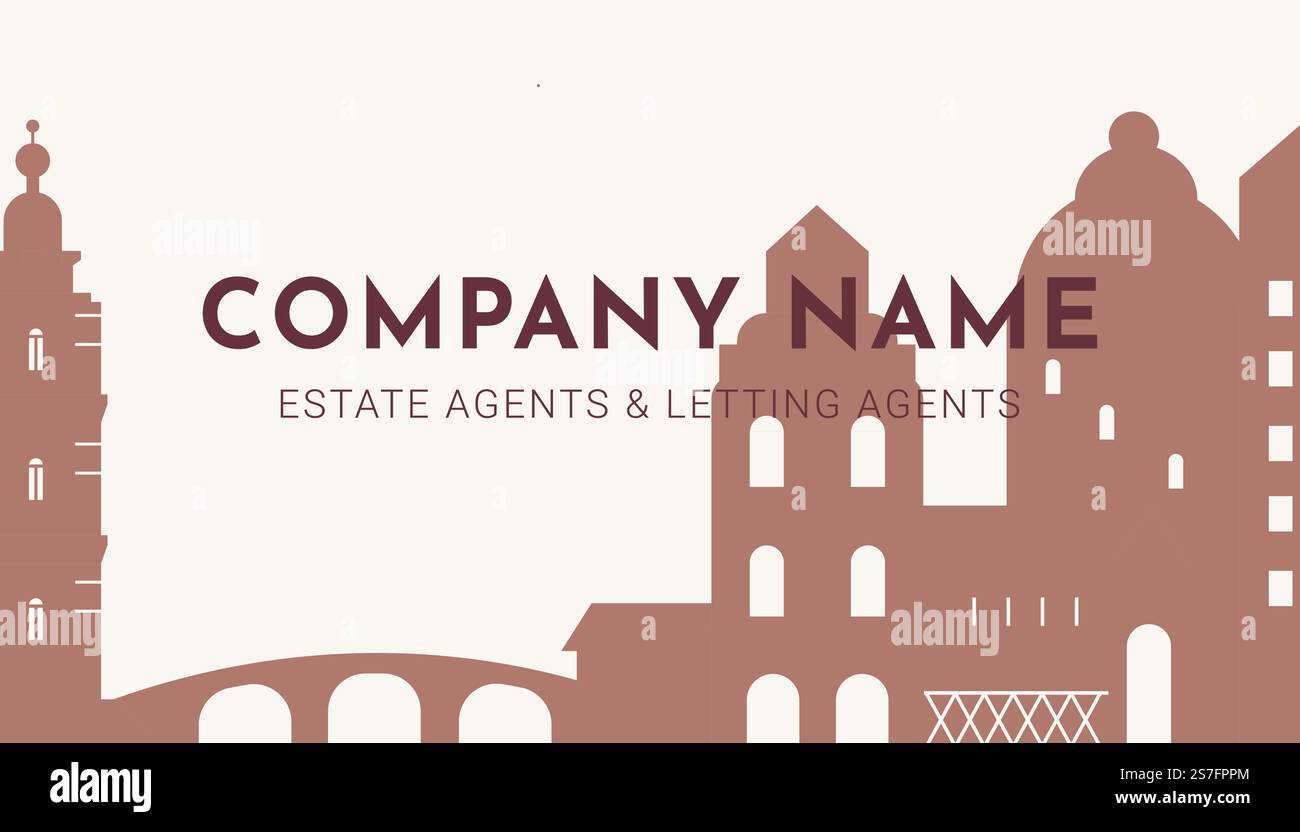 Agenti immobiliari e locatari, nome dell'azienda. Organizzazione che offre servizi per i clienti, migliori consulenti per il noleggio e l'acquisto. Biglietto da visita, pubblicità e marketing. Vettore in stile piatto. Agenti immobiliari e locativi, nome della compagnia sulla carta Illustrazione Vettoriale