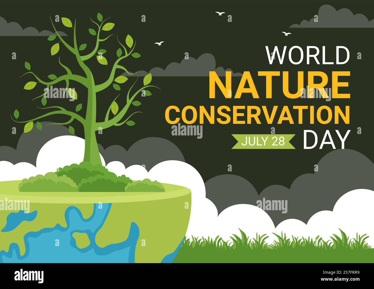 Illustrazione vettoriale della Giornata Mondiale della conservazione della natura con Mappa Mondiale, Ecologia Eco-friendly ed albero in Cartoon piano modelli di landing page disegnati a mano Illustrazione Vettoriale