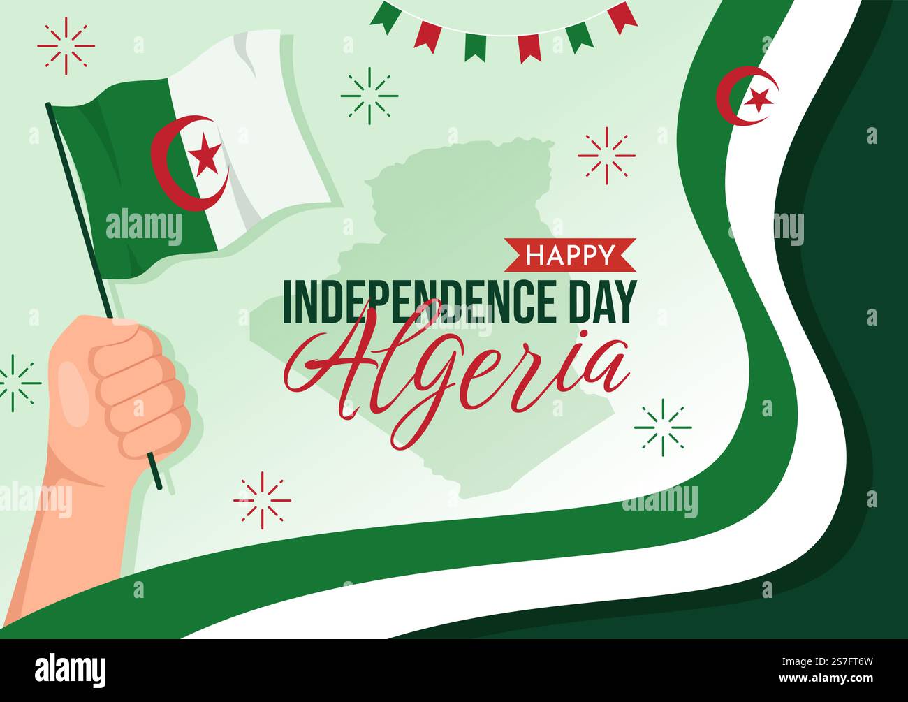 Felice Algeria Independence Day Vector Illustration con la bandiera ondeggiante in Cartoon piano disegnata a mano Landing Page Green background Templates Illustrazione Vettoriale