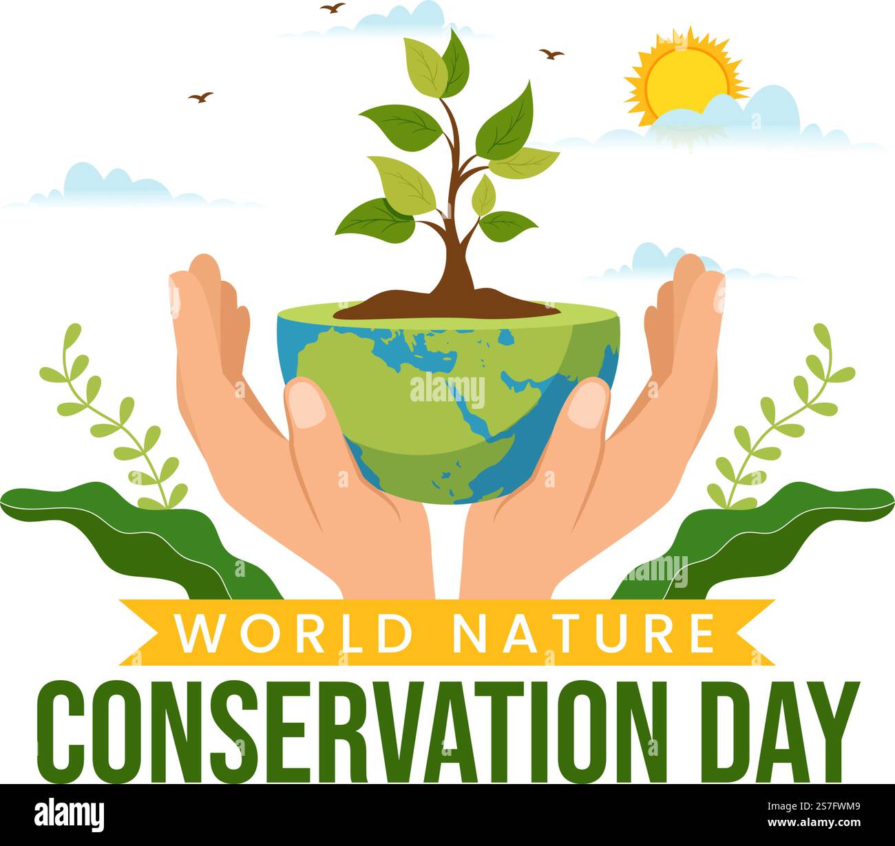 Illustrazione vettoriale della Giornata Mondiale della conservazione della natura con Mappa Mondiale, Ecologia Eco-friendly ed albero in Cartoon piano modelli di landing page disegnati a mano Illustrazione Vettoriale