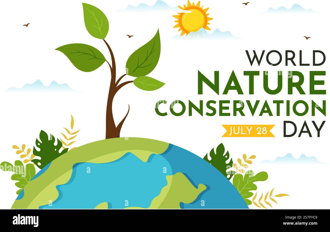 Illustrazione vettoriale della Giornata Mondiale della conservazione della natura con Mappa Mondiale, Ecologia Eco-friendly ed albero in Cartoon piano modelli di landing page disegnati a mano Illustrazione Vettoriale