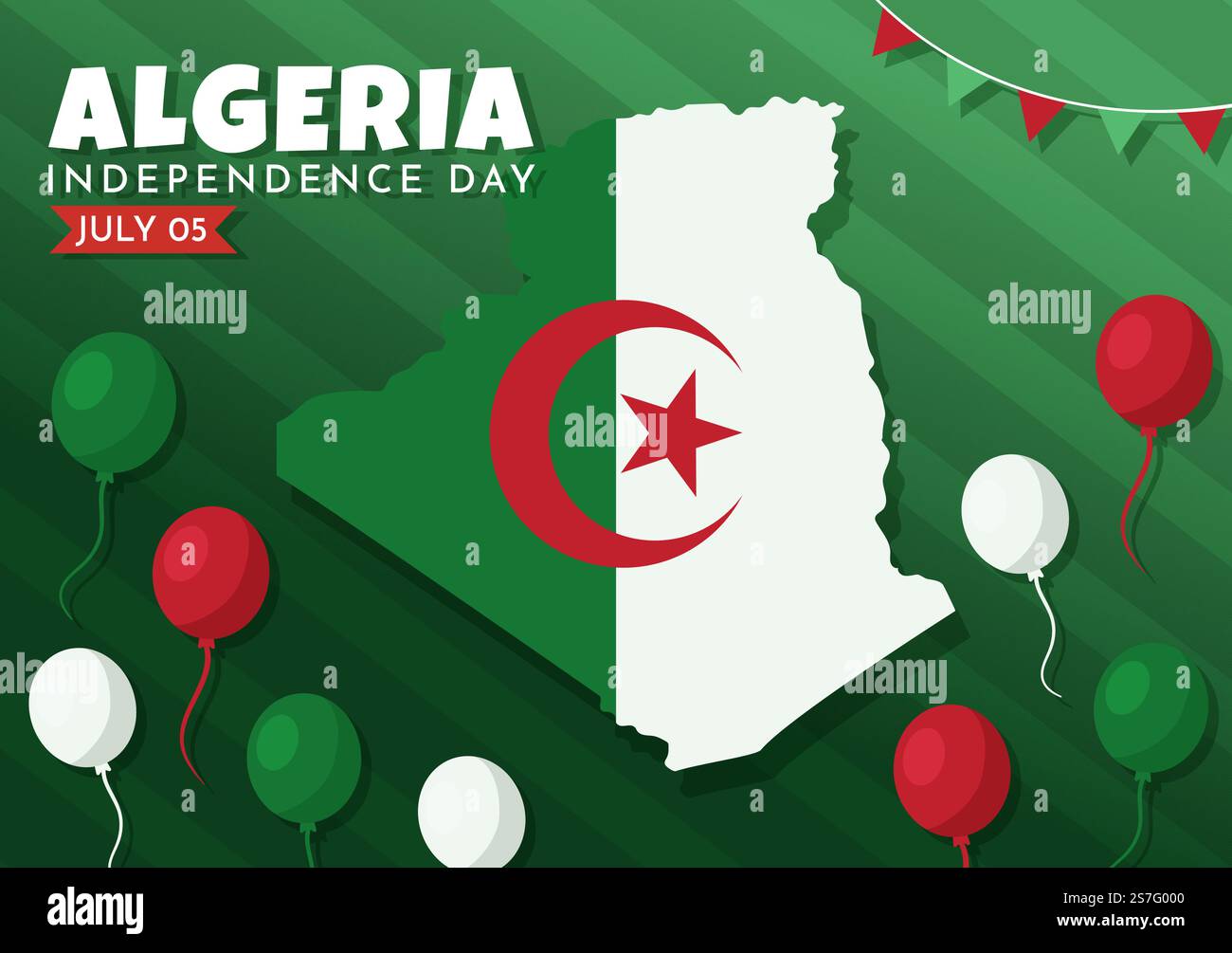 Felice Algeria Independence Day Vector Illustration con la bandiera ondeggiante in Cartoon piano disegnata a mano Landing Page Green background Templates Illustrazione Vettoriale