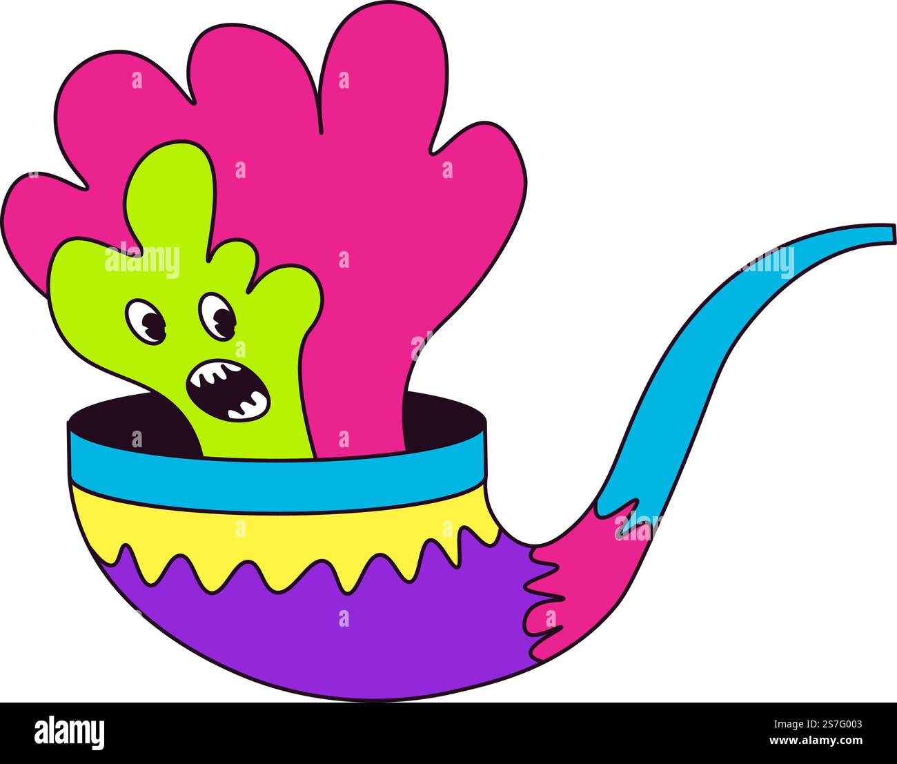 Personaggio astratto, tubo fumante isolato con fumi o fumo con espressione facciale spaventata. Personaggio a colori, raffigurazione o disegno di creature animate immaginarie. Vettore in stile piatto. Tubo fumatore Doodle con vettore fumatore Illustrazione Vettoriale