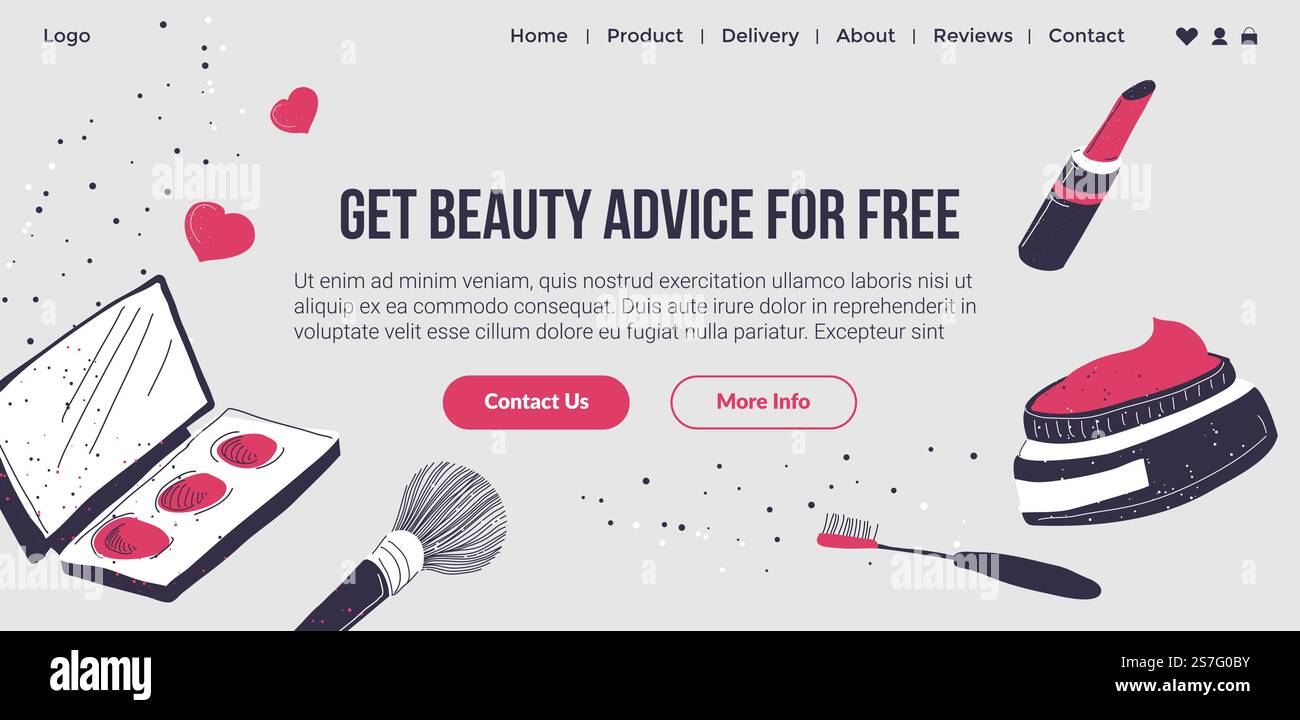 Consigli gratuiti sui prodotti di bellezza, negozio o negozio con cosmetici e trucco professionali, mascara e fondazioni, rossetto. Modello di landing page del sito Web, design della pagina Internet. Vettore in stile piatto. Ricevi gratuitamente consigli sui prodotti di bellezza, pagina Web Illustrazione Vettoriale