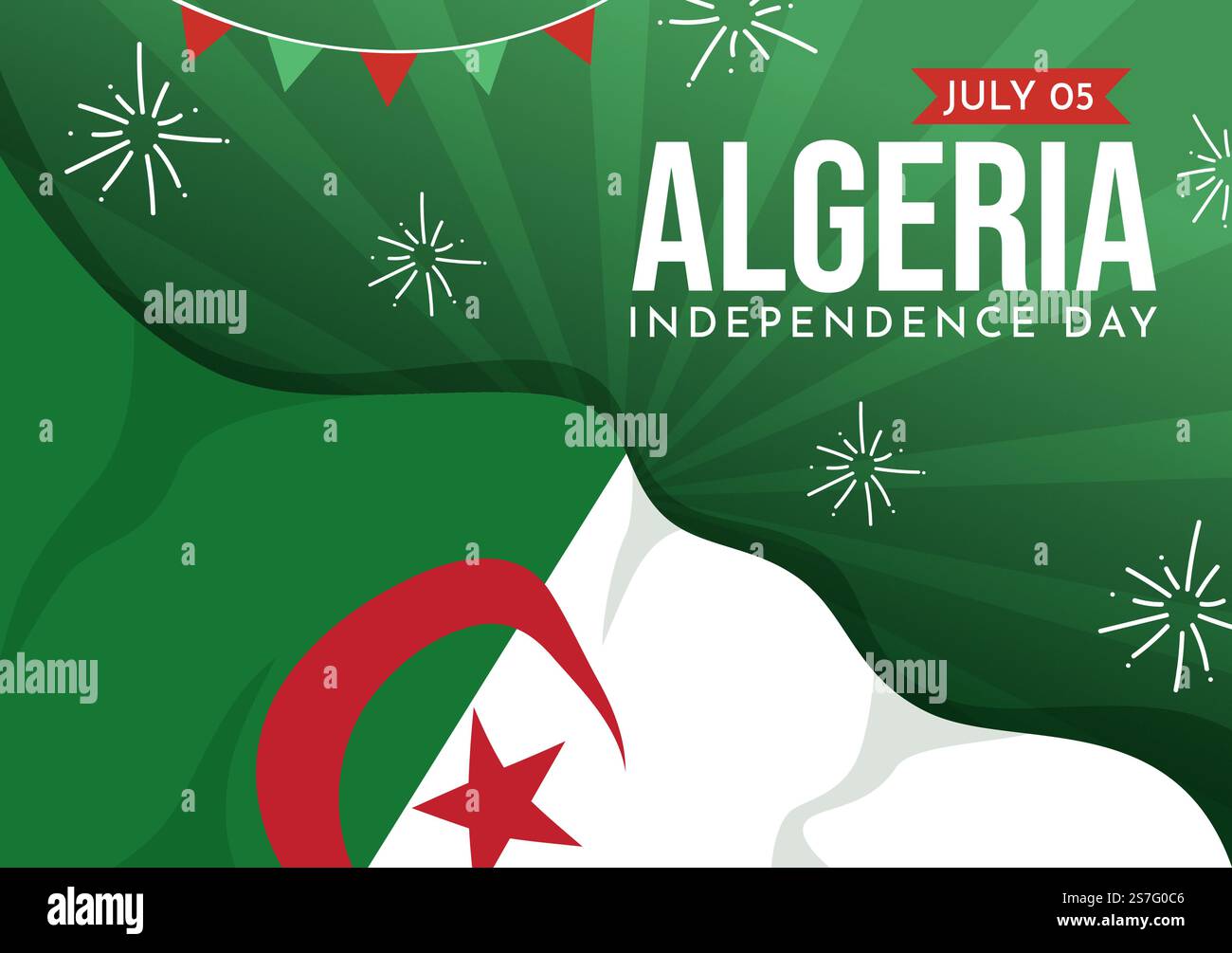 Felice Algeria Independence Day Vector Illustration con la bandiera ondeggiante in Cartoon piano disegnata a mano Landing Page Green background Templates Illustrazione Vettoriale