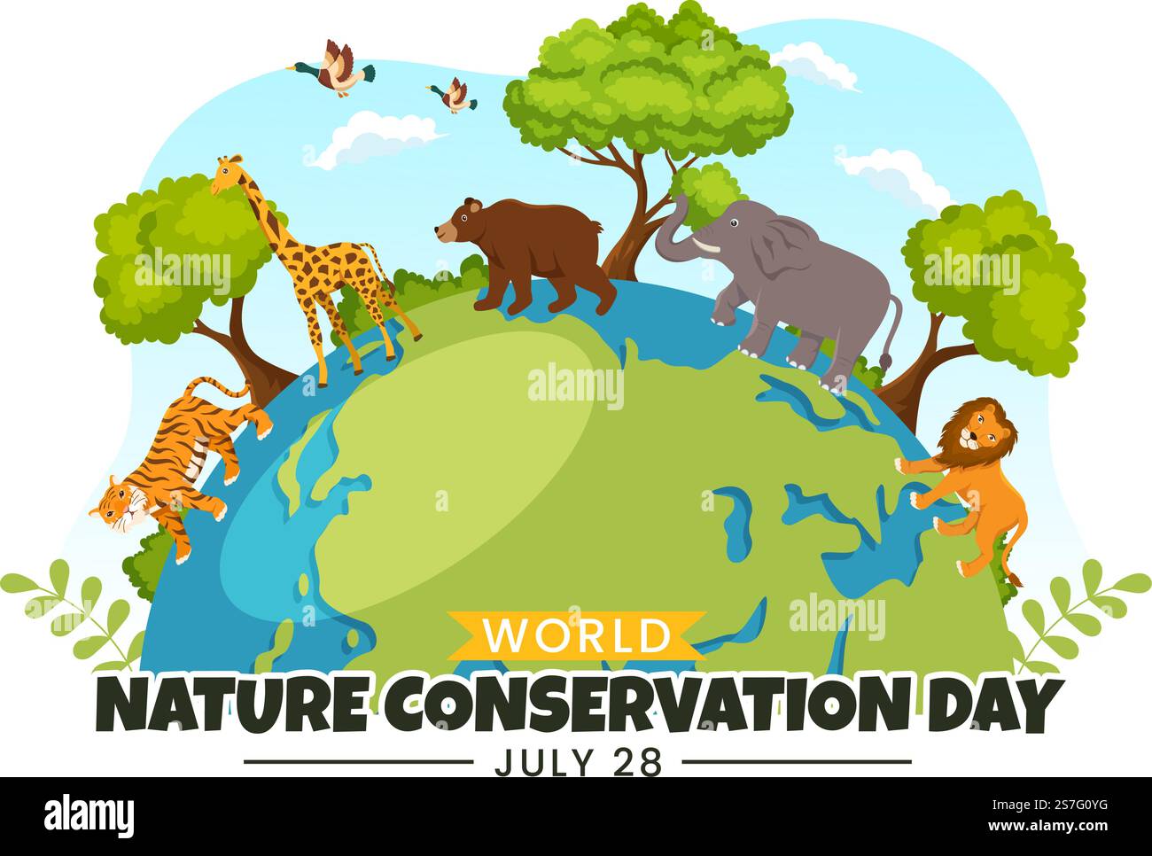 Illustrazione vettoriale della Giornata Mondiale della conservazione della natura con Mappa Mondiale, Ecologia Eco-friendly ed albero in Cartoon piano modelli di landing page disegnati a mano Illustrazione Vettoriale