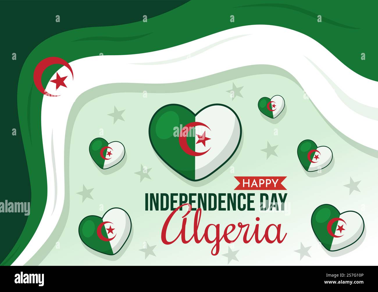 Felice Algeria Independence Day Vector Illustration con la bandiera ondeggiante in Cartoon piano disegnata a mano Landing Page Green background Templates Illustrazione Vettoriale
