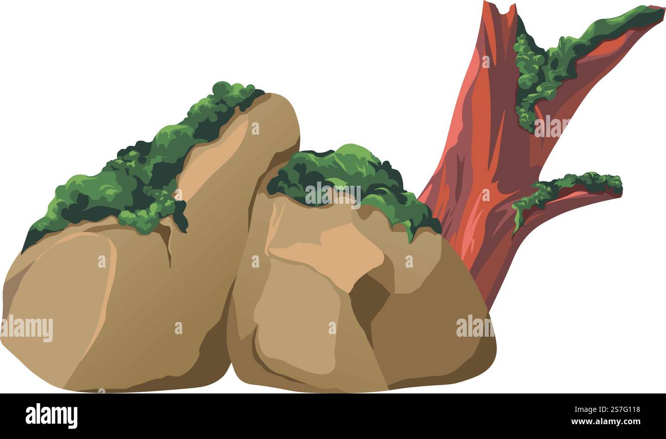 Foresta o bosco, pietra isolata coltivata con muschio. Enormi rocce con tronchi d'albero caduti, botanica e vegetazione del parco. Habitat umido e umido per la vegetazione selvatica. Vettore in stile piatto. Pietra coltivata con muschio, tronchi d'albero e botanica Illustrazione Vettoriale
