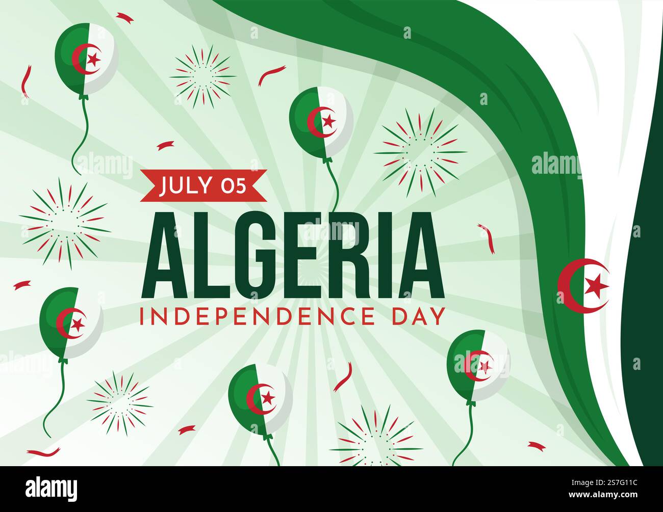 Felice Algeria Independence Day Vector Illustration con la bandiera ondeggiante in Cartoon piano disegnata a mano Landing Page Green background Templates Illustrazione Vettoriale
