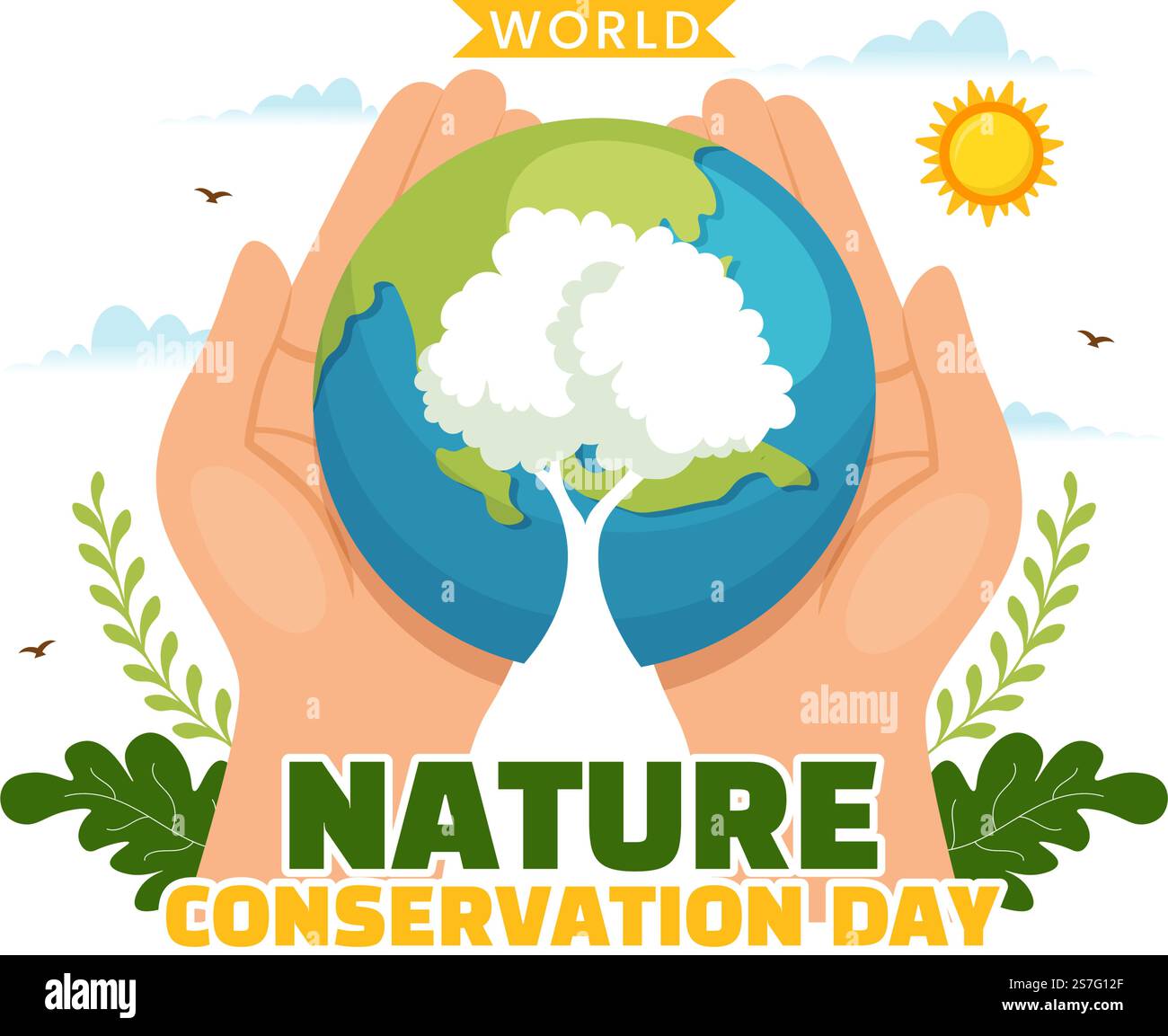 Illustrazione vettoriale della Giornata Mondiale della conservazione della natura con Mappa Mondiale, Ecologia Eco-friendly ed albero in Cartoon piano modelli di landing page disegnati a mano Illustrazione Vettoriale