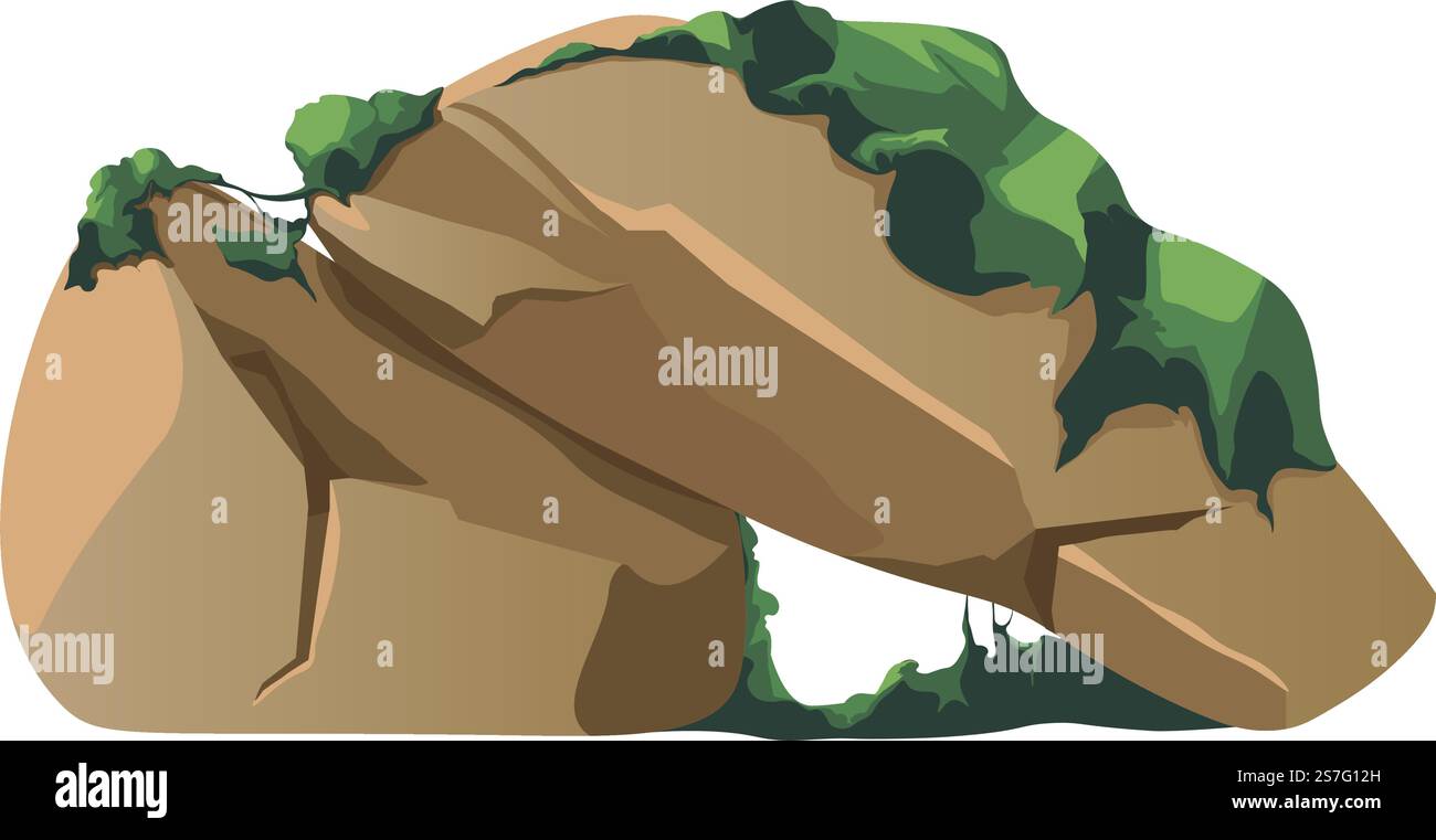 Enormi pietre e rocce coltivate con muschio. Foresta o boschi vegetazione e botanica, flora e arredamento. Pianta senza fiamma in un habitat umido e umido. Design di parchi e paesaggi. Vettore in stile piatto. Muschio che cresce su rocce e massiccio vettore di pietre Illustrazione Vettoriale
