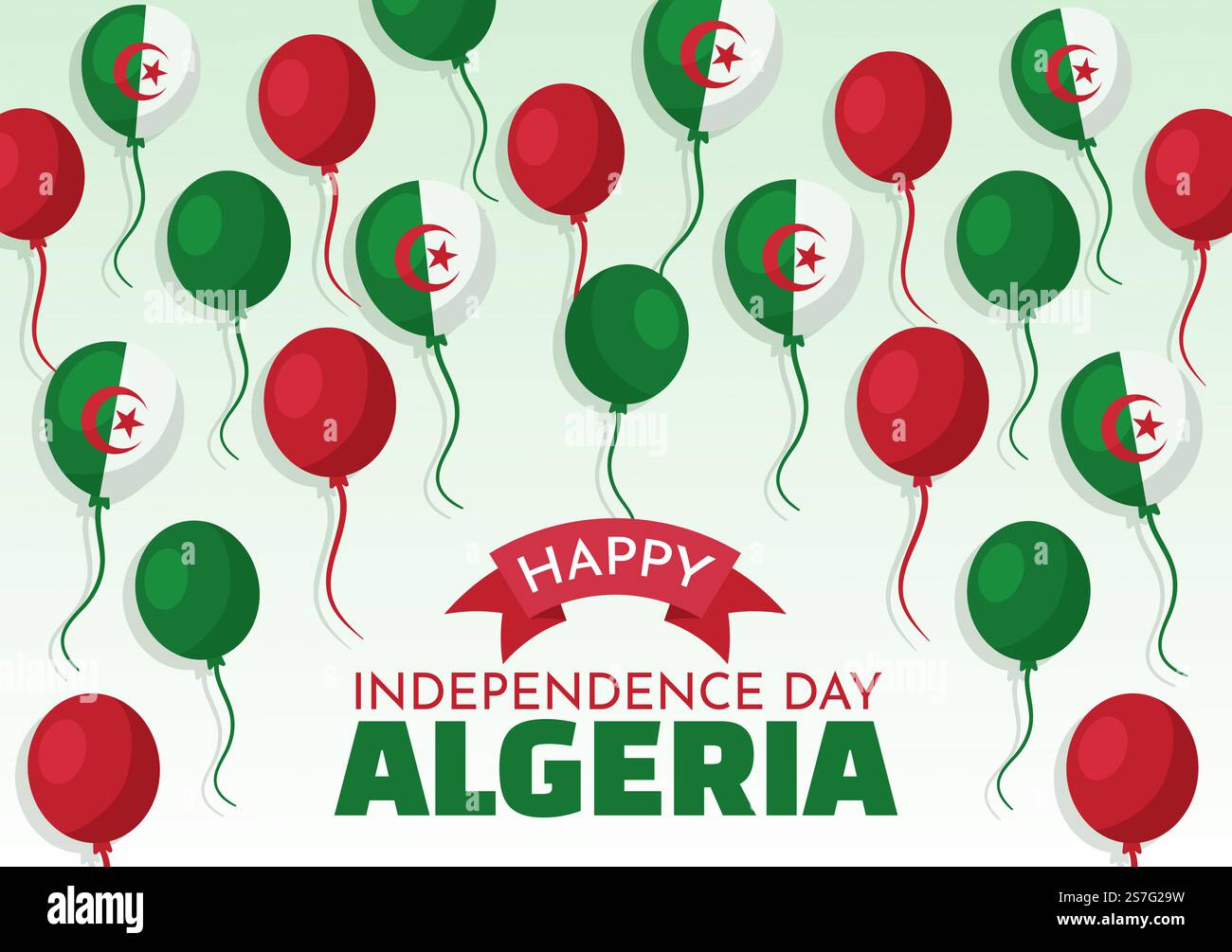 Felice Algeria Independence Day Vector Illustration con la bandiera ondeggiante in Cartoon piano disegnata a mano Landing Page Green background Templates Illustrazione Vettoriale