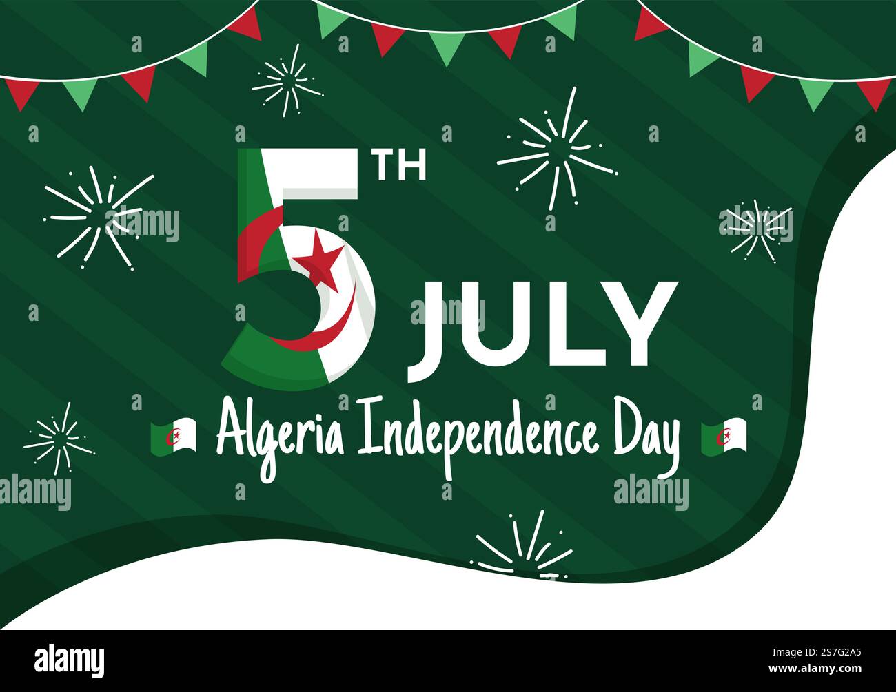 Felice Algeria Independence Day Vector Illustration con la bandiera ondeggiante in Cartoon piano disegnata a mano Landing Page Green background Templates Illustrazione Vettoriale