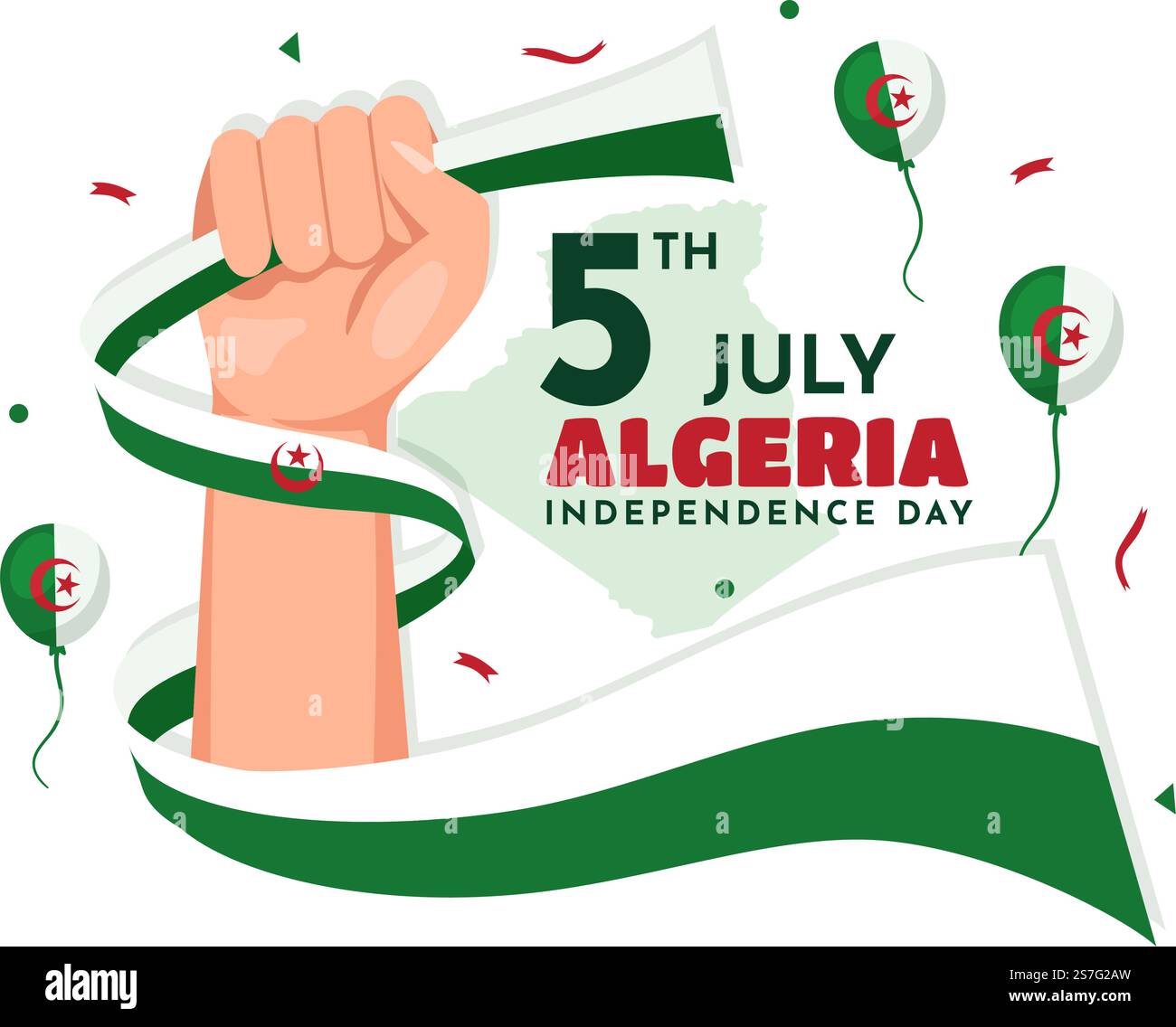 Felice Algeria Independence Day Vector Illustration con la bandiera ondeggiante in Cartoon piano disegnata a mano Landing Page Green background Templates Illustrazione Vettoriale