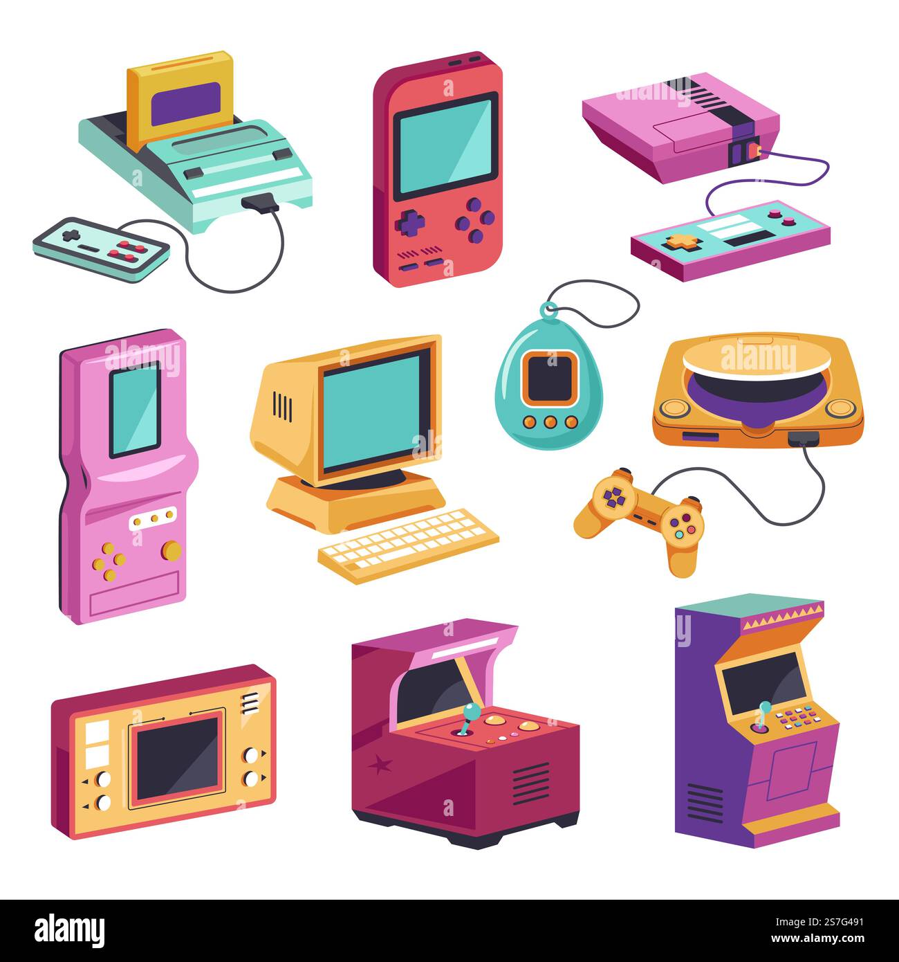 Giochi antichi e retrò, elettrodomestici per bambini e adulti. Tetris e computer, playstation con joystick e box da gioco con pulsanti e schermi. Vettore in stile piatto. Giochi retrò ed elettrodomestici per l'intrattenimento Illustrazione Vettoriale