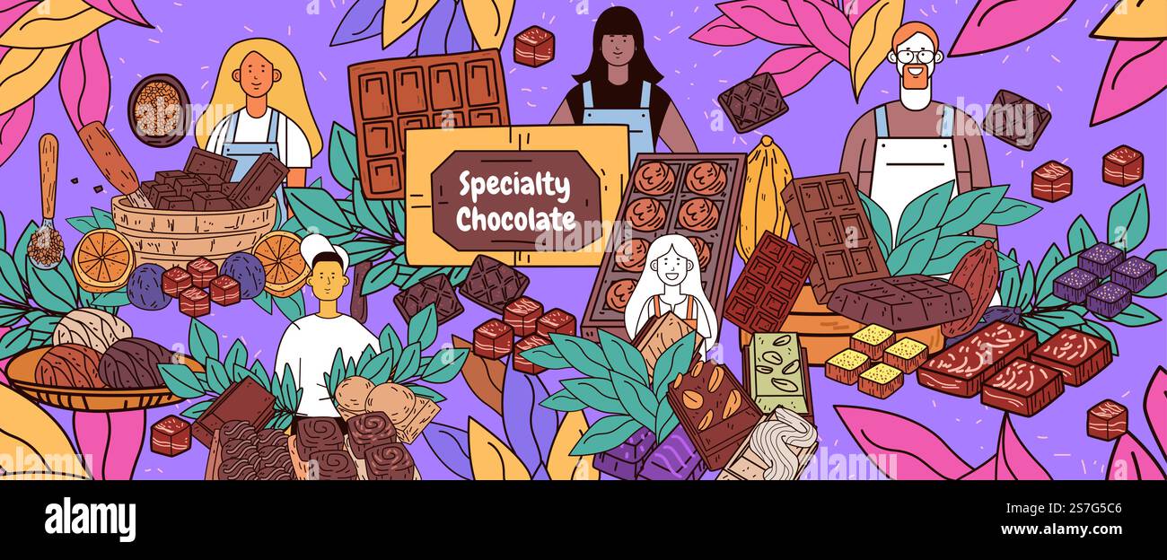 Le specialità artigiane del cioccolato ai chicchi di cacao lasciano una scena colorata con diversi cioccolatieri cialde di cacao e barrette di cioccolato assortite su un vibrante viola Illustrazione Vettoriale