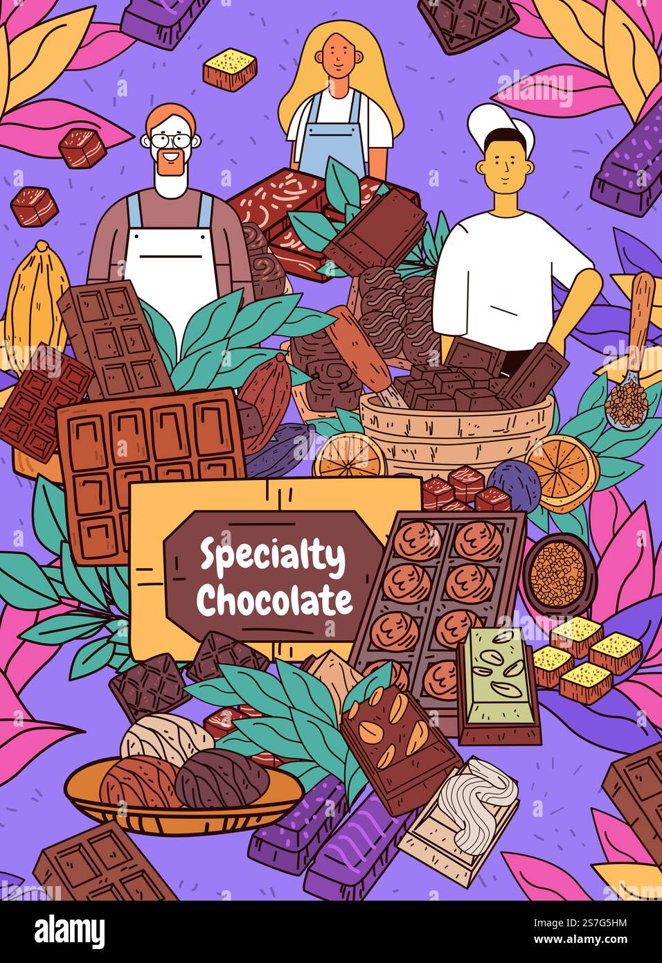 Specialità artigiani di cioccolato che realizzano diverse prelibatezze i fagioli di cacao colorati lasciano agli chef una vivace creazione di dessert di sottofondo Illustrazione Vettoriale