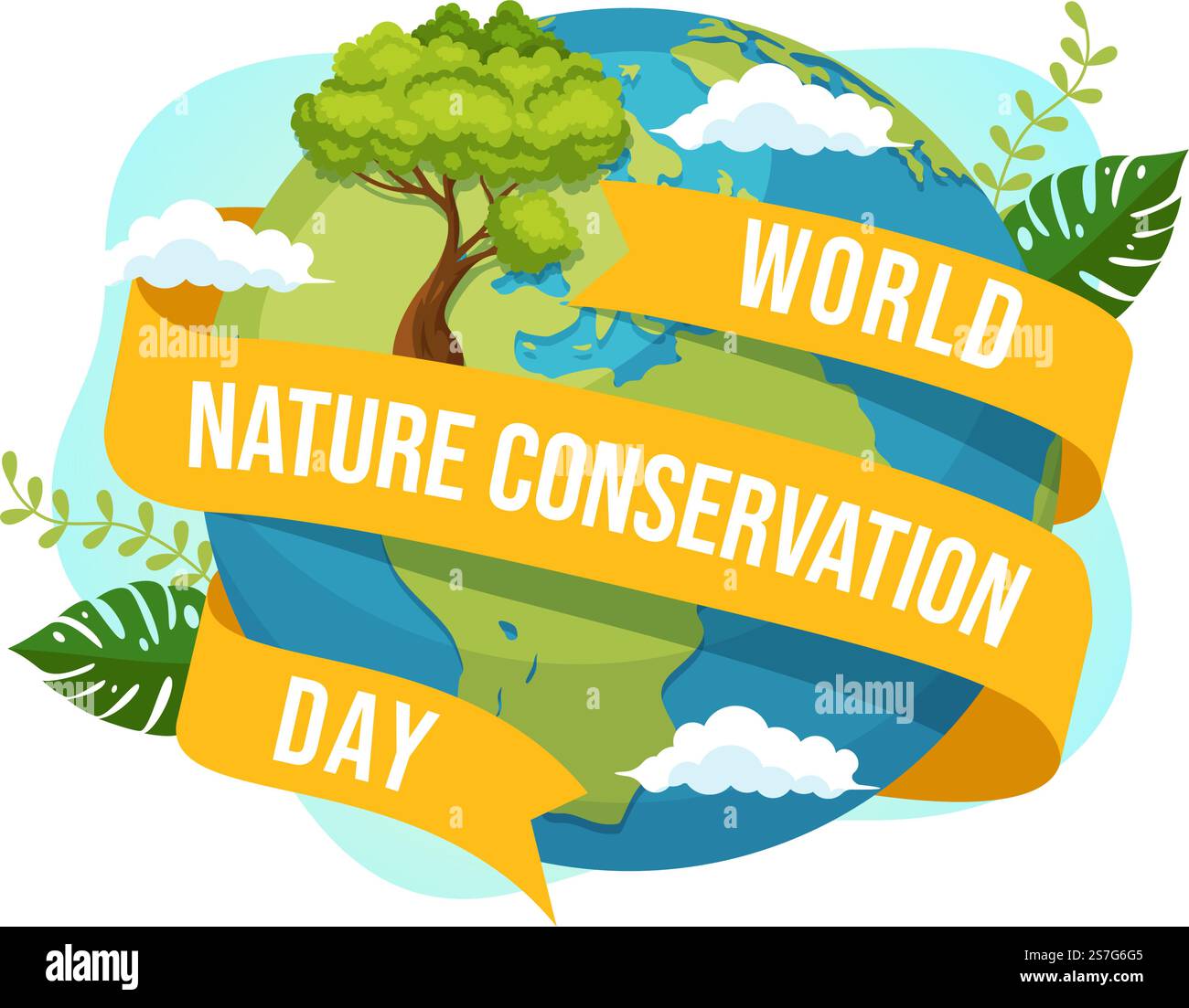 Illustrazione vettoriale della Giornata Mondiale della conservazione della natura con Mappa Mondiale, Ecologia Eco-friendly ed albero in Cartoon piano modelli di landing page disegnati a mano Illustrazione Vettoriale